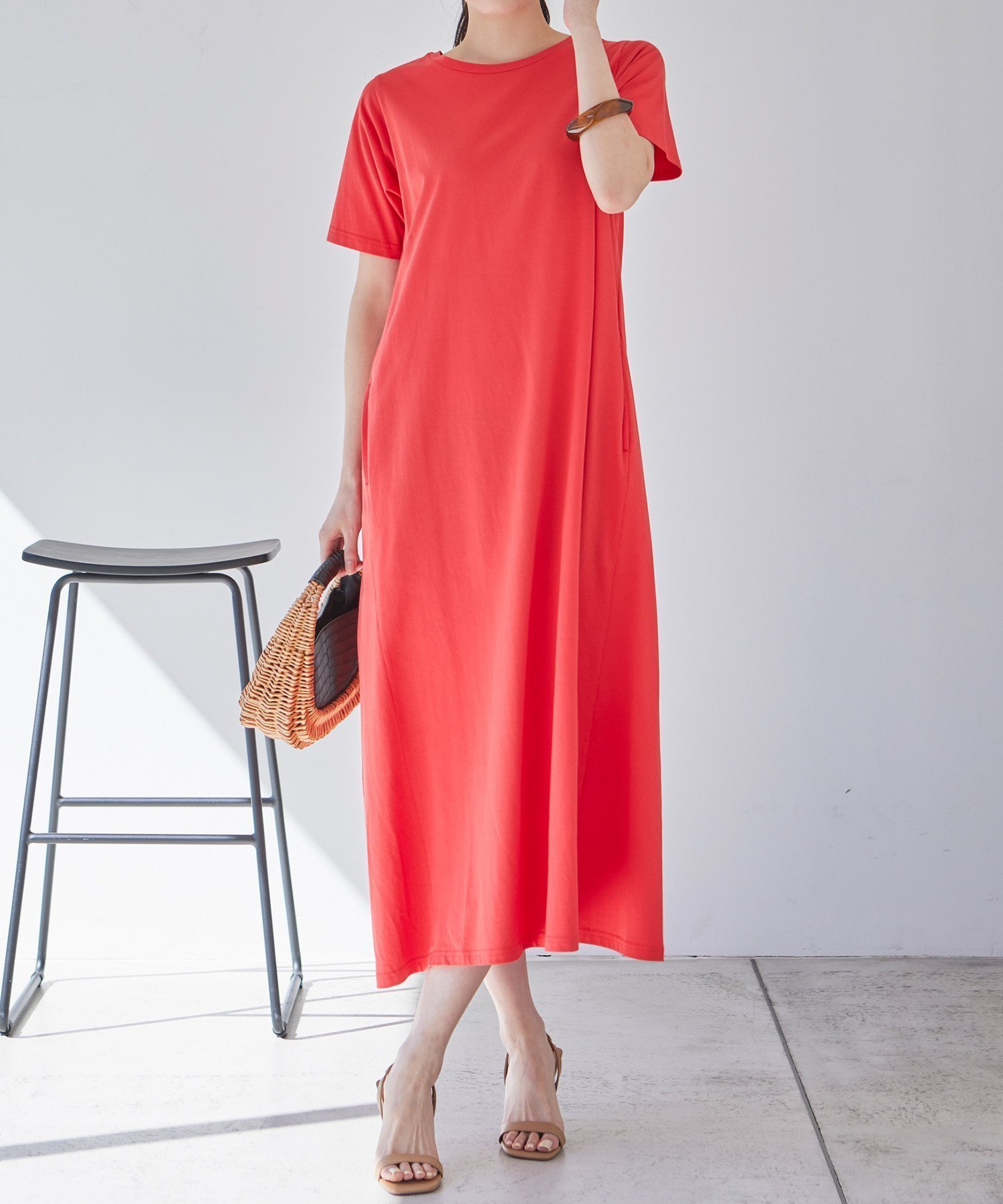 【ラナン/Ranan】のRanan/ BC 半袖ポケット付マキシワンピ(ロング) インテリア・キッズ・メンズ・レディースファッション・服の通販 founy(ファニー) 　ファッション　Fashion　レディースファッション　WOMEN　ワンピース　Dress　マキシワンピース　Maxi Dress　おすすめ　Recommend　カーディガン　Cardigan　シンプル　Simple　ポケット　Pocket　マキシ　Maxi　レギンス　Leggings　ロング　Long　エレガント 上品　Elegant　半袖　Short Sleeve　オレンジレッド|ID: prp329100004541651 ipo3291000000032141465