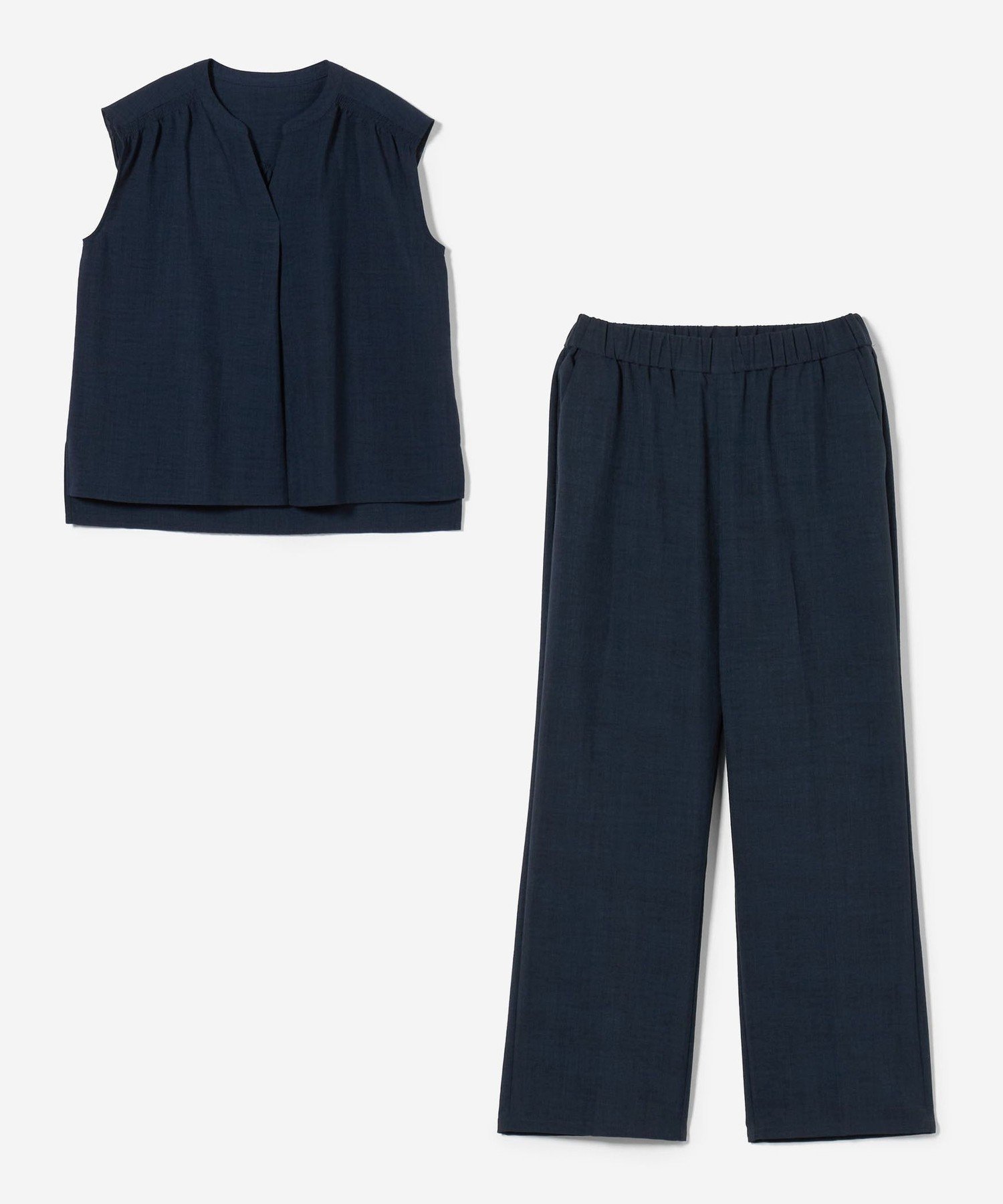 【その他のブランド/Other】のキーネックブラウス+ワイドパンツ -ウォッシャブル- A DAY IN THE LIFE インテリア・キッズ・メンズ・レディースファッション・服の通販 founy(ファニー) 　ファッション　Fashion　レディースファッション　Fashion for Women　パンツ　Pants & Trousers　ウォッシャブル　Machine Washable　ギャザー　Gathered, Ruffled　切替　Switching, Contrast Panel　ストラップサンダル　Strappy Sandals, Strap Sandals　スニーカー　Sneakers, Trainers　セットアップ　Set-Up, Coordinated Outfit　センター　Center, Center Line　ノースリーブ　Sleeveless, No-Sleeve　リネン　Linen, Linen Fabric　ワイド　Wide, Wide Fit　おすすめ　Recommended / Our Picks　夏　Summer　ビジネス 仕事 通勤　Business / Work / Commuting　NAVY|ID: prp329100004541714 ipo3291000000032969955