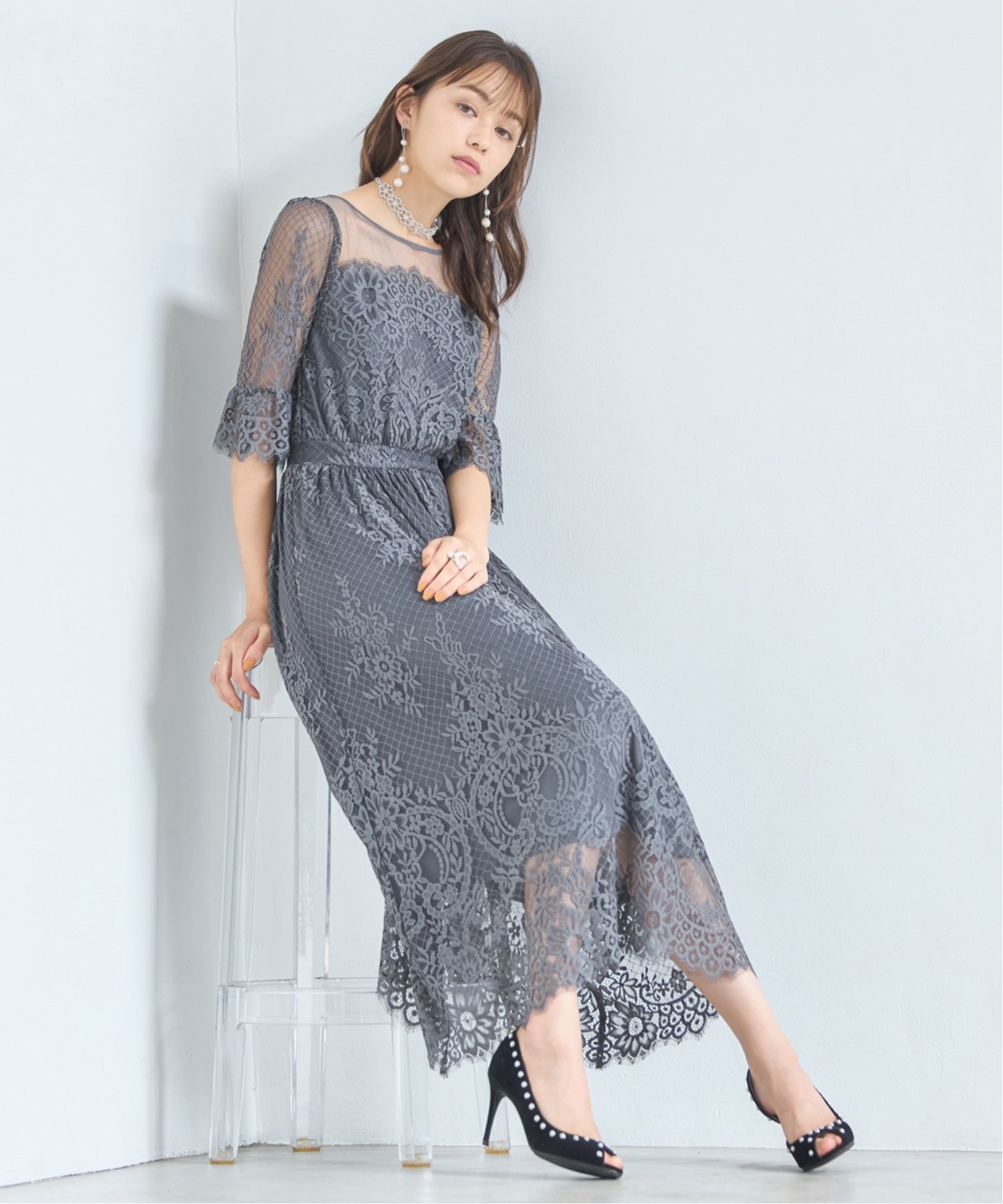 【ドレス/DRESS+】のワンピース ドレス レース チュール フレア Aライン ミモレ丈 パーティードレス 結婚式 インテリア・キッズ・メンズ・レディースファッション・服の通販 founy(ファニー) 　ファッション　Fashion　レディースファッション　Ladies' Fashion Online　ワンピース　Dress　ドレス　Party Dresses　シアー　Sheer　スカラップ　Scalloped　チュール　Tulle　ドレス　Dress　フェミニン　Feminine　フレア　Flare　ミモレ　Mimore　ヨーク　Yoke　レース　Race　エレガント 上品　Elegant　結婚式　Wedding Ceremony　チャコール|ID: prp329100004541814 ipo3291000000032671594