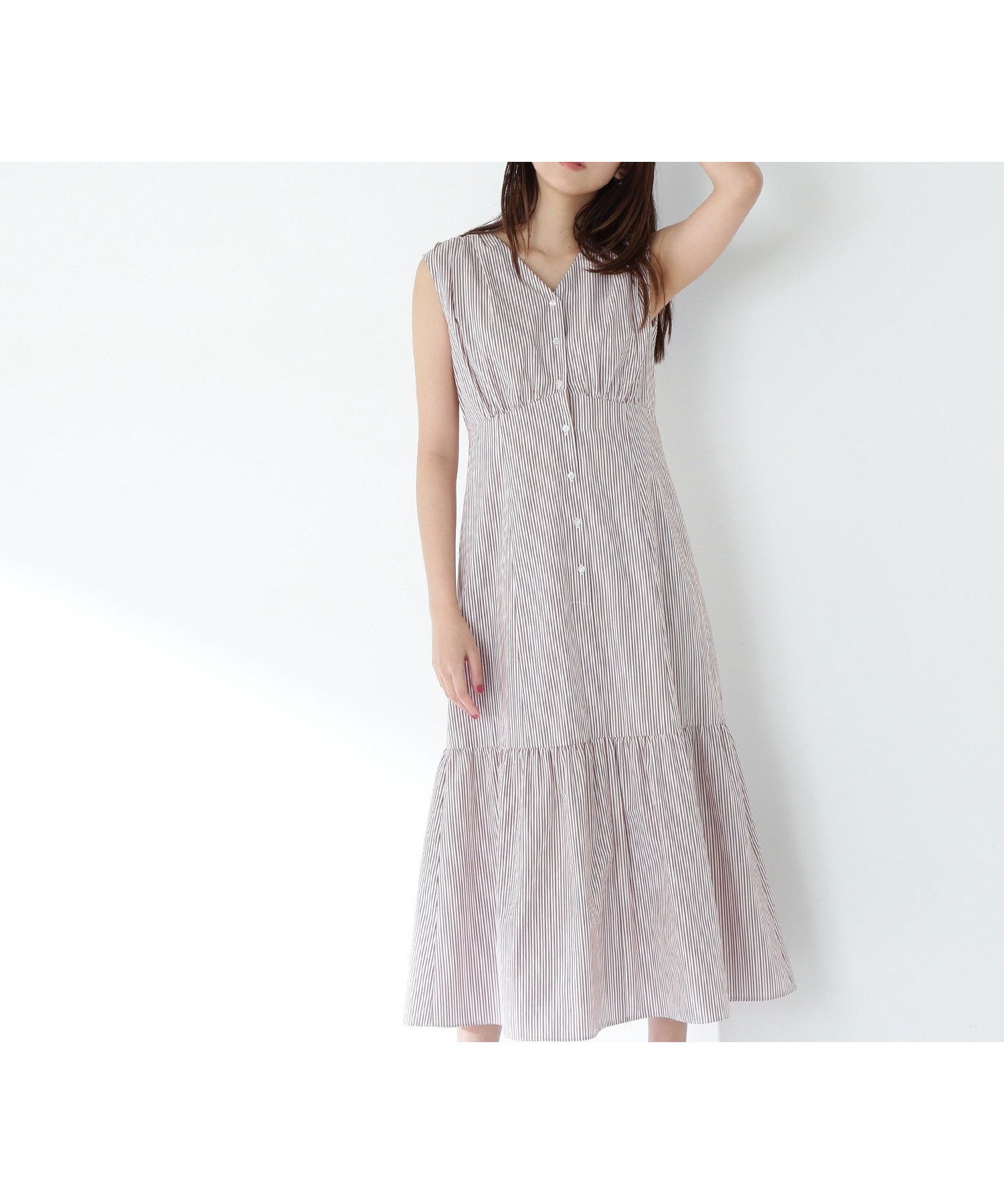 【ナチュラル ビューティー ベーシック/NATURAL BEAUTY BASIC】のVネックストライプワンピース インテリア・キッズ・メンズ・レディースファッション・服の通販 founy(ファニー) 　ファッション　Fashion　レディースファッション　Fashion for Women　ワンピース　Dresses　アンダー　Underwear Essentials　インナー　Innerwear　ギャザー　Gathered, Ruffled　ストライプ　Stripe, Striped Pattern　ドレス　Dress, One-Piece　夏　Summer　ベージュストライプ2|ID: prp329100004542138 ipo3291000000033220395