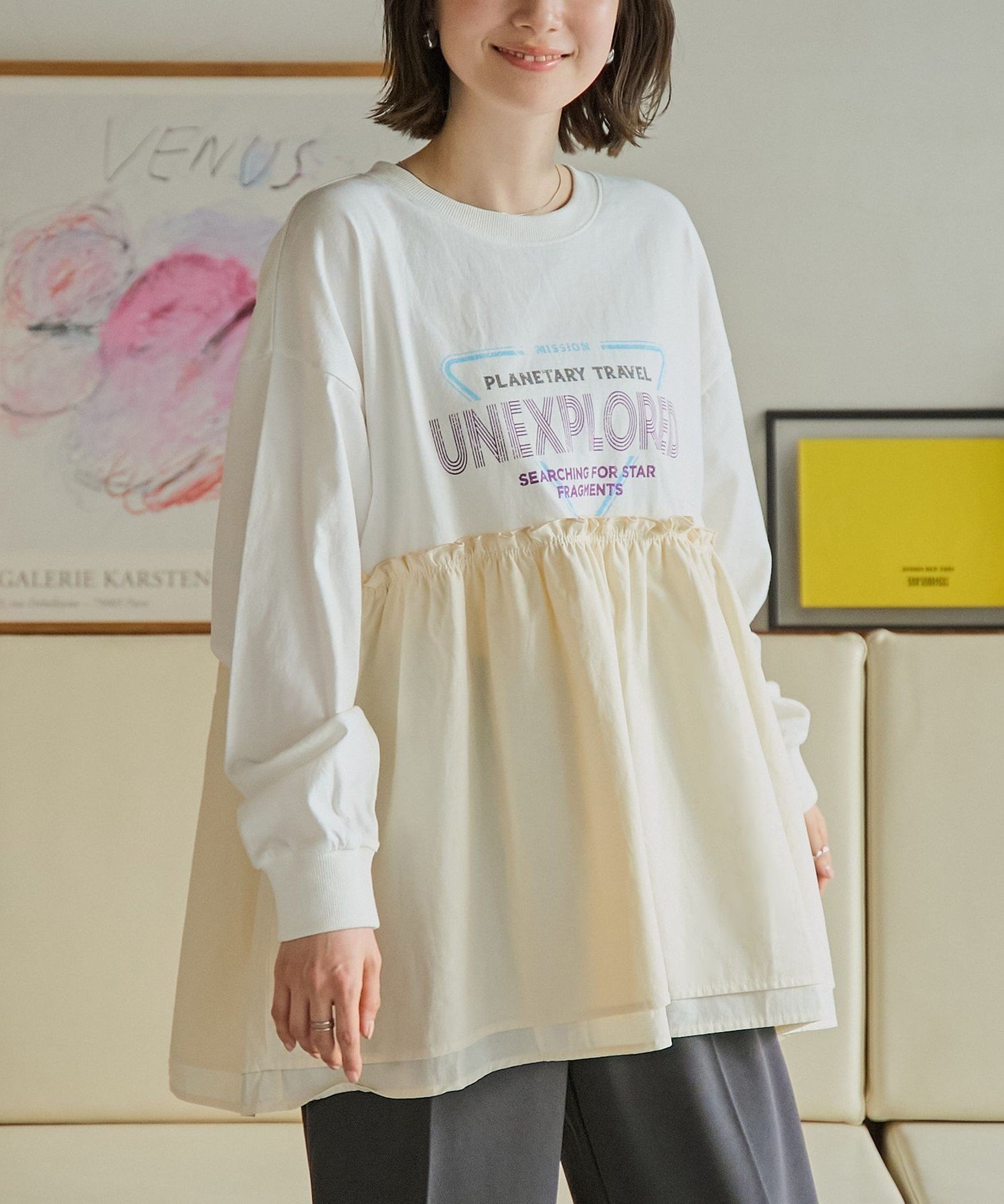 【コーエン/COEN】の布帛ドッキングロゴプリントロンT 人気、トレンドファッション・服の通販 founy(ファニー) 　ファッション　Fashion　レディースファッション　Fashion for Women　トップス・カットソー　Cut & Sew Tops　ロングTシャツ・Tシャツ　Longline T-Shirts & Tees　カットソー　Cut and Sewn Top　カーディガン　Cardigan, Knitwear　トレンド　Trend, Trending Now　ワイド　Wide, Wide Fit　おすすめ　Recommended / Our Picks　 other-1|ID: prp329100004542317 ipo3291000000033950239