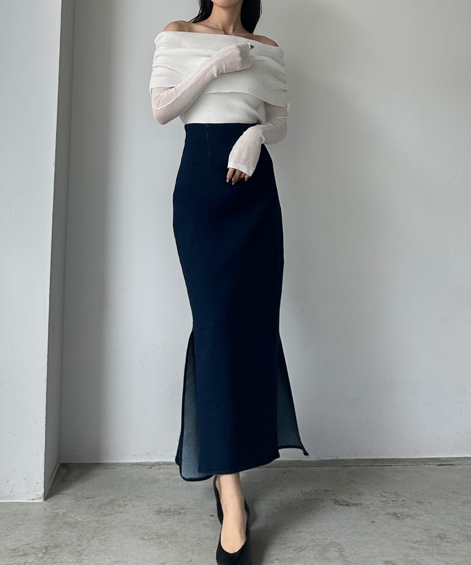 【ジュノア/JUNOAH】のLouere ストレッチデニムバックマーメイドスカート インテリア・キッズ・メンズ・レディースファッション・服の通販 founy(ファニー) 　ファッション　Fashion　レディースファッション　WOMEN　スカート　Skirt　バッグ　Bag　ネイビー|ID: prp329100004542343 ipo3291000000032397025