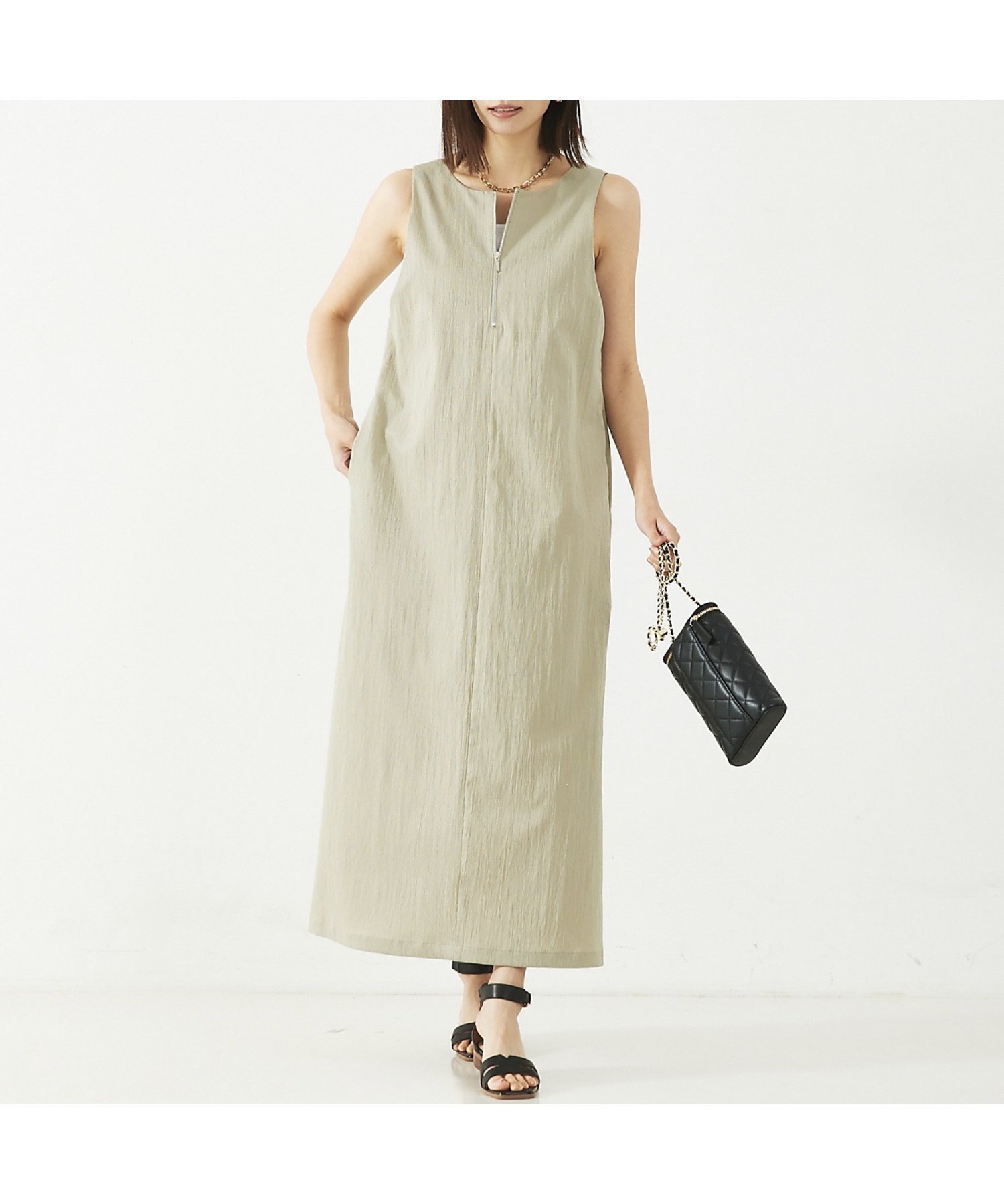 【アバハウスマヴィ/abahouse mavie】の【大人のいちまんワンピ】UネックZIP2WAYワンピース インテリア・キッズ・メンズ・レディースファッション・服の通販 founy(ファニー) 　ファッション　Fashion　レディースファッション　Fashion for Women　ワンピース　Dresses　おすすめ　Recommended / Our Picks　カットソー　Cut and Sewn Top　ジップ　Zip, Zipper　タンク　Tank Top, Sleeveless Top　ポケット　Pocket, Pocket Detail　夏　Summer　長袖　Long Sleeve, Full Sleeve　ベージュ|ID: prp329100004543050 ipo3291000000033828497
