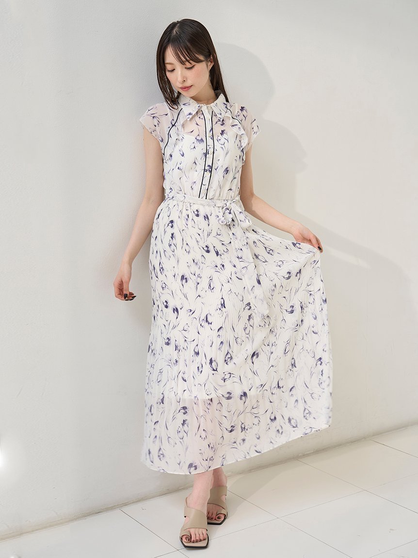【フレイ アイディー/FRAY I.D】の【00サイズ】ステンカラープリーツプリントワンピース インテリア・キッズ・メンズ・レディースファッション・服の通販 founy(ファニー) 　ファッション　Fashion　レディースファッション　Fashion for Women　ワンピース　Dresses　キャップ　Cap, Baseball Cap　スリーブ　Sleeve, Long Sleeve / Short Sleeve　チューリップ　Tube, Tube Top　トレンド　Trend, Trending Now　フェミニン　Feminine, Girly　プリント　Print, Printed Pattern　プリーツ　Pleats, Pleated　モノトーン　Monotone, Black and White　今季　This Season, Current Season　夏　Summer　春　Spring　S/S・春夏　SS, Spring/Summer, Warm Season　BLU[086]|ID: prp329100004543167 ipo3291000000032982455