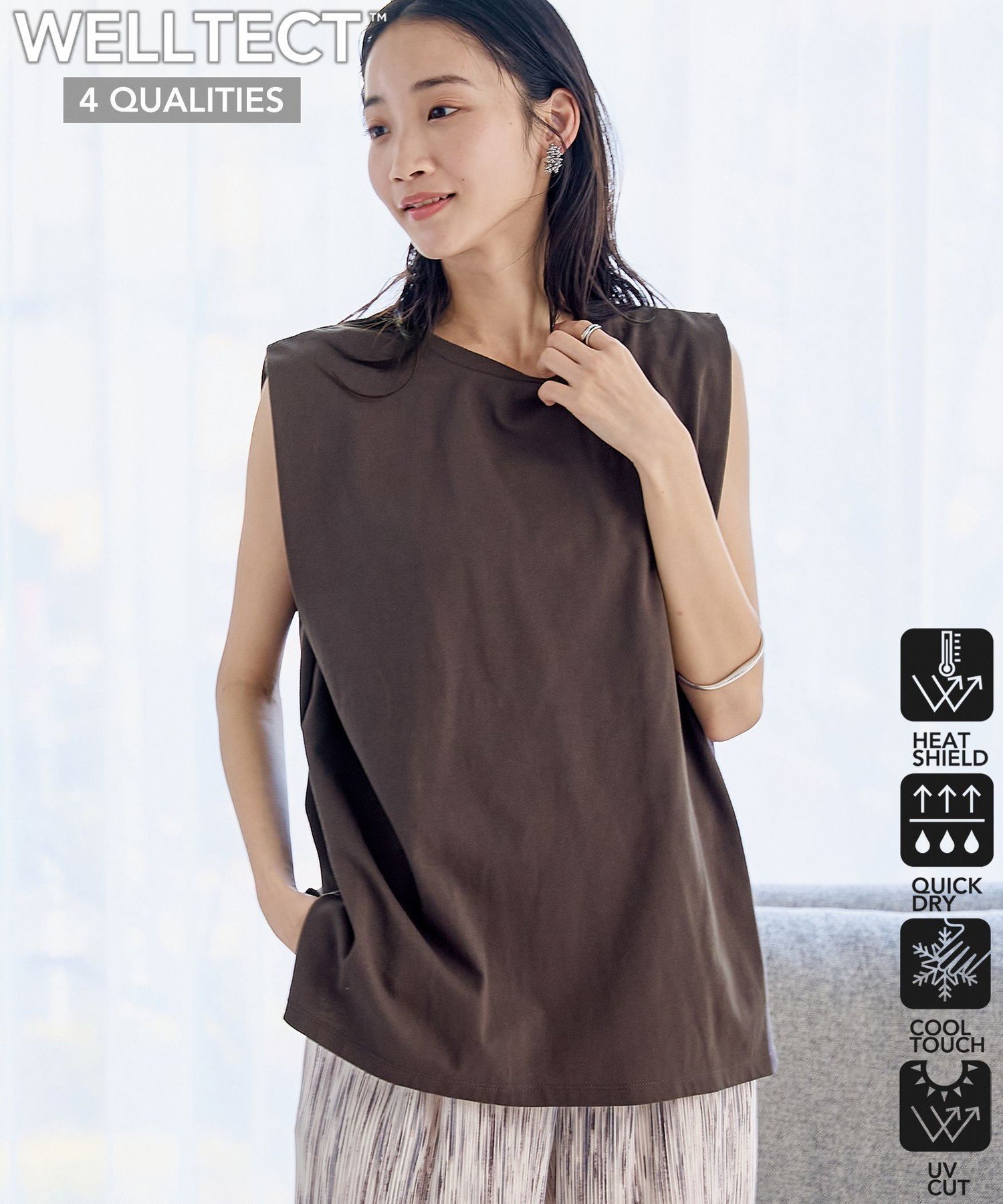 【コーエン/COEN】の【WELLTECT】 USAコットンタックノースリーブTシャツ インテリア・キッズ・メンズ・レディースファッション・服の通販 founy(ファニー) 　ファッション　Fashion　レディースファッション　WOMEN　トップス・カットソー　Tops/Tshirt　キャミソール / ノースリーブ　No Sleeves　シャツ/ブラウス　Shirts/Blouses　ロング / Tシャツ　T-Shirts　インナー　Inner　カッティング　Cutting　コンパクト　Compact　吸水　Water Absorption　スリット　Slit　ノースリーブ　No Sleeve　フラット　Flat　おすすめ　Recommend　夏　Summer　DK.BROWN|ID: prp329100004543252 ipo3291000000032225834