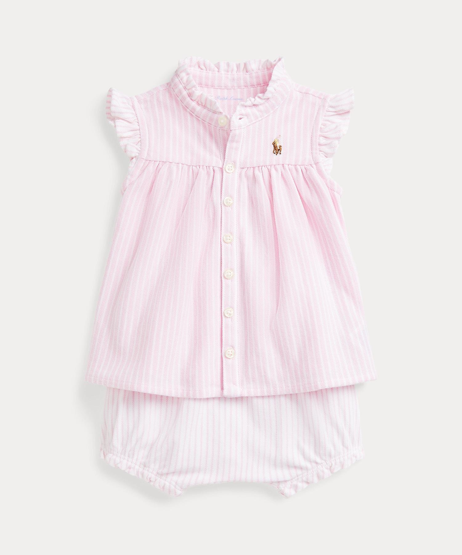 【ラルフローレン/RALPH LAUREN / KIDS】の(ベビー)ストライプド ニット オックスフォード トップス ブルマー セット インテリア・キッズ・メンズ・レディースファッション・服の通販 founy(ファニー) 　ファッション　Fashion　キッズファッション　KIDS Children’s Clothing　トップス・カットソー　Tops/Tees/Kids　シャーリング　Shirring　フリル　Frills　ベビー　Baby　メッシュ　Mesh　ヨーク　Yoke　650ピンク|ID: prp329100004543438 ipo3291000000032690896