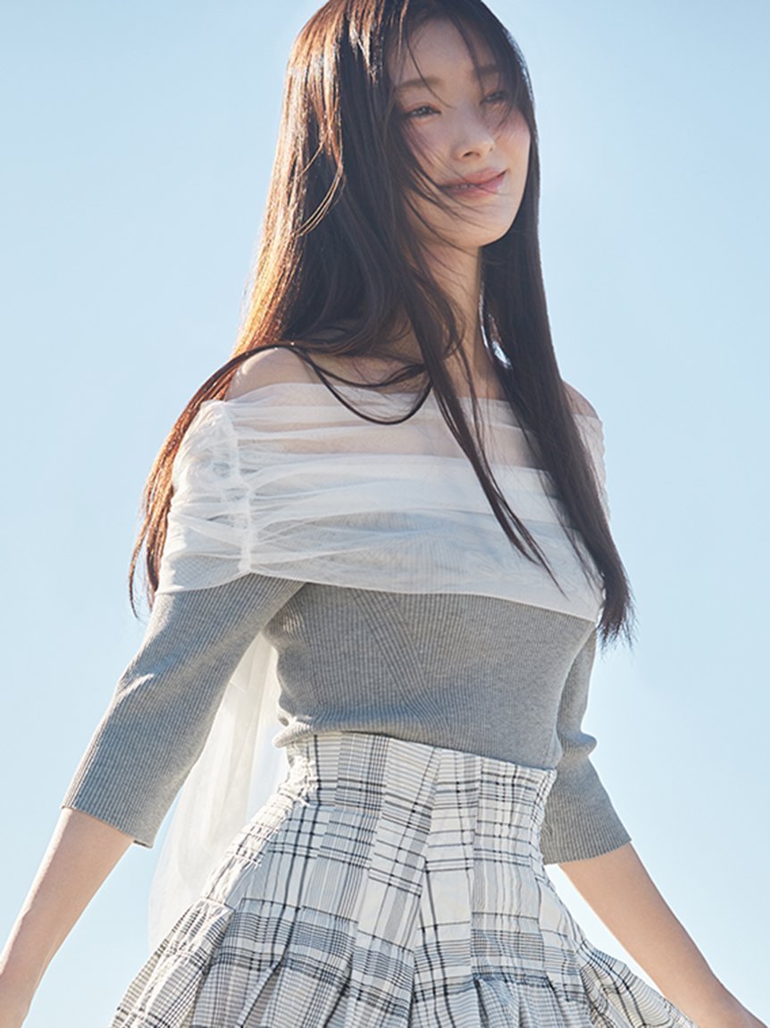 【フレイ アイディー/FRAY I.D】のチュールコンビオフショルニット インテリア・キッズ・メンズ・レディースファッション・服の通販 founy(ファニー) 　ファッション　Fashion　レディースファッション　Ladies' Fashion Online　トップス・カットソー　Tops/Tshirt　ニット　Knit Tops　チュール　Tulle　デコルテ　Decolletage　ドッキング　Docking　ドレープ　Drape　フロント　Front　ベーシック　Basic　リブニット　Rib Knit　リボン　Ribbon　GRY[006]|ID: prp329100004543449 ipo3291000000032690974
