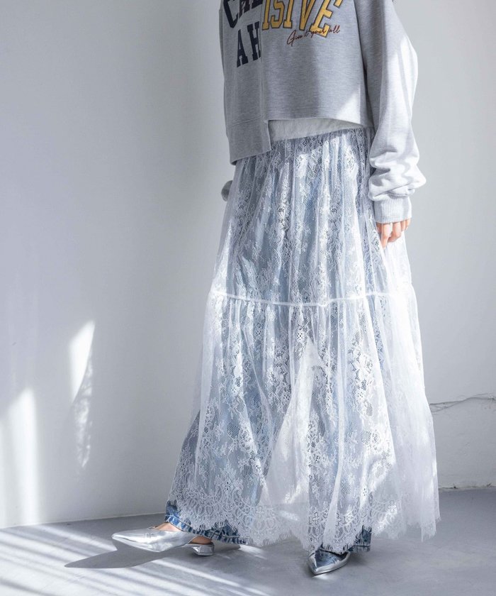 【ローリーズファーム/LOWRYS FARM】のレースボリュームスカート インテリア・キッズ・メンズ・レディースファッション・服の通販 founy(ファニー) https://founy.com/ ファッション Fashion レディースファッション WOMEN スカート Skirt おすすめ Recommend デニム Denim レース Race |ID: prp329100004543520 ipo3291000000032381148