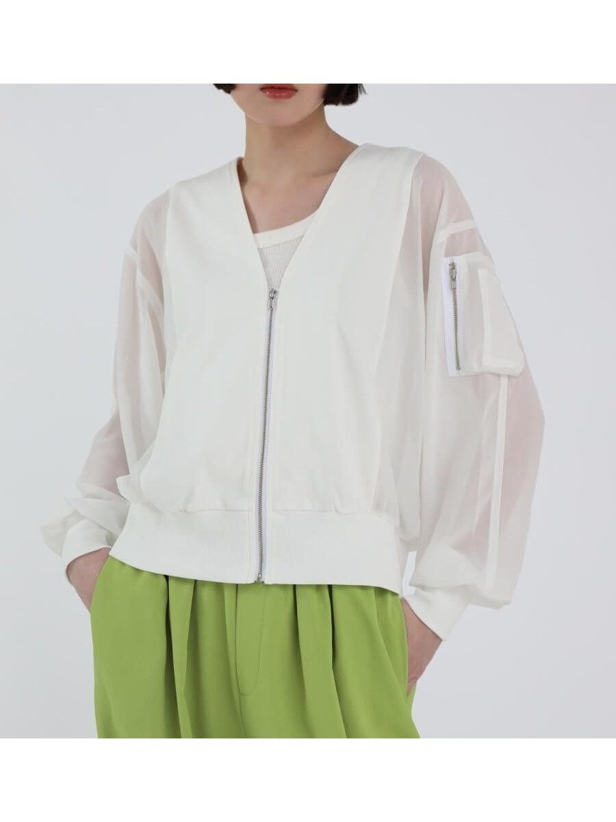 【ラシュッド/LASUD】のシアースリーブVネックブルゾン インテリア・キッズ・メンズ・レディースファッション・服の通販 founy(ファニー) 　ファッション　Fashion　レディースファッション　Fashion for Women　アウター　Coat / Outerwear Collection　ブルゾンジャケット・スポーティアウター　Blouson Jackets　トップス・カットソー　Cut & Sew Tops　Vネックトップス　V-Neck Tops / V-Cut Neckline Shirts　おすすめ　Recommended / Our Picks　インナー　Innerwear　シアー　Sheer, See-Through　ショート　Short, Short Length　ブルゾン　Blouson, Bomber Jacket　ボトム　Bottoms, Lower Wear　ミリタリー　Military, Army Style　ワイド　Wide, Wide Fit　夏　Summer　オフホワイト|ID: prp329100004543838 ipo3291000000032109067