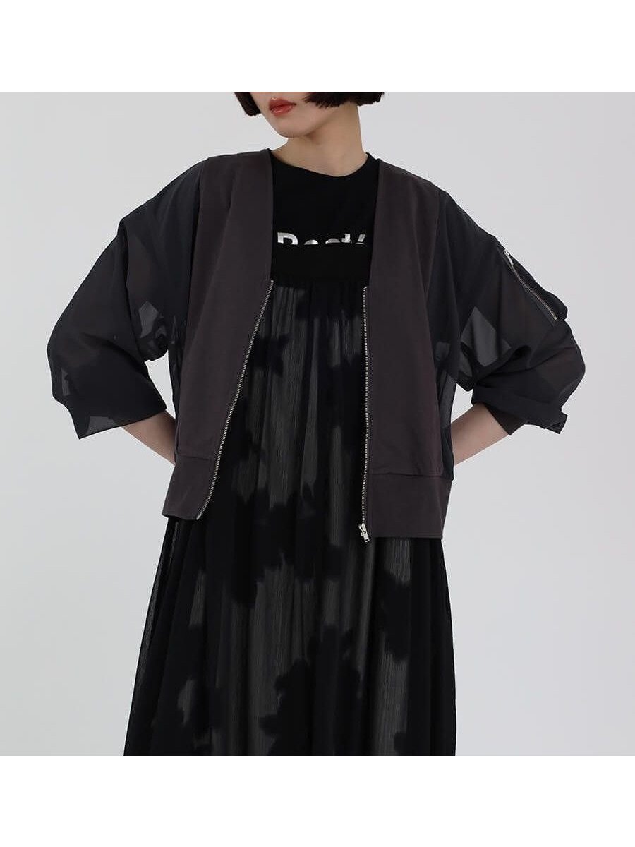 【ラシュッド/LASUD】のシアースリーブVネックブルゾン インテリア・キッズ・メンズ・レディースファッション・服の通販 founy(ファニー) 　ファッション　Fashion　レディースファッション　Fashion for Women　アウター　Coat / Outerwear Collection　ブルゾンジャケット・スポーティアウター　Blouson Jackets　トップス・カットソー　Cut & Sew Tops　Vネックトップス　V-Neck Tops / V-Cut Neckline Shirts　おすすめ　Recommended / Our Picks　インナー　Innerwear　シアー　Sheer, See-Through　ショート　Short, Short Length　ブルゾン　Blouson, Bomber Jacket　ボトム　Bottoms, Lower Wear　ミリタリー　Military, Army Style　ワイド　Wide, Wide Fit　夏　Summer　チャコールグレー|ID: prp329100004543838 ipo3291000000032109068