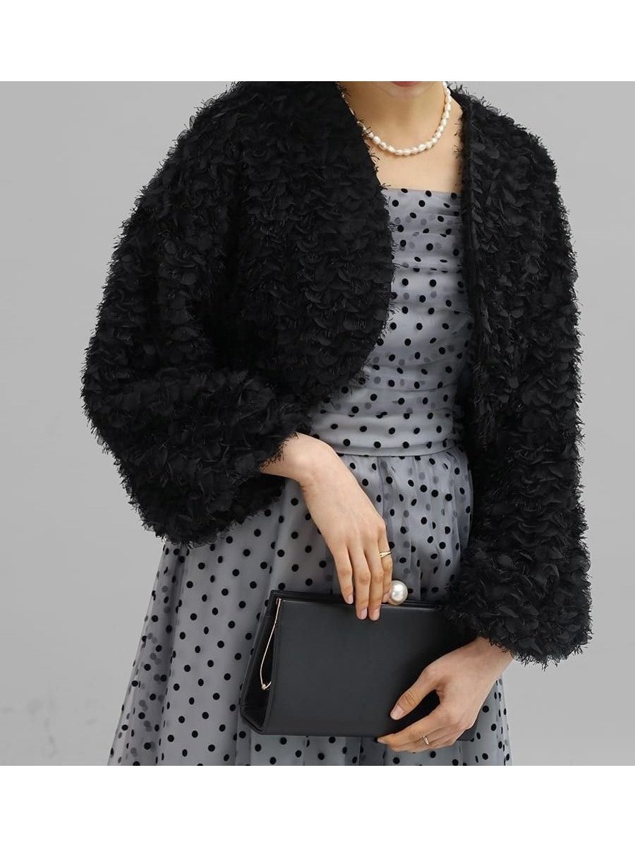 【ラシュッド/LASUD】のフェザーチュールボレロ インテリア・キッズ・メンズ・レディースファッション・服の通販 founy(ファニー) 　ファッション　Fashion　レディースファッション　WOMEN　アウター　Coat Outerwear　ボレロ　Bolero jackets　クロップド　Cropped　コンパクト　Compact　スリーブ　Sleeve　チュール　Tulle　バルーン　Balloon　ベーシック　Basic　ブラック|ID: prp329100004543844 ipo3291000000032109110