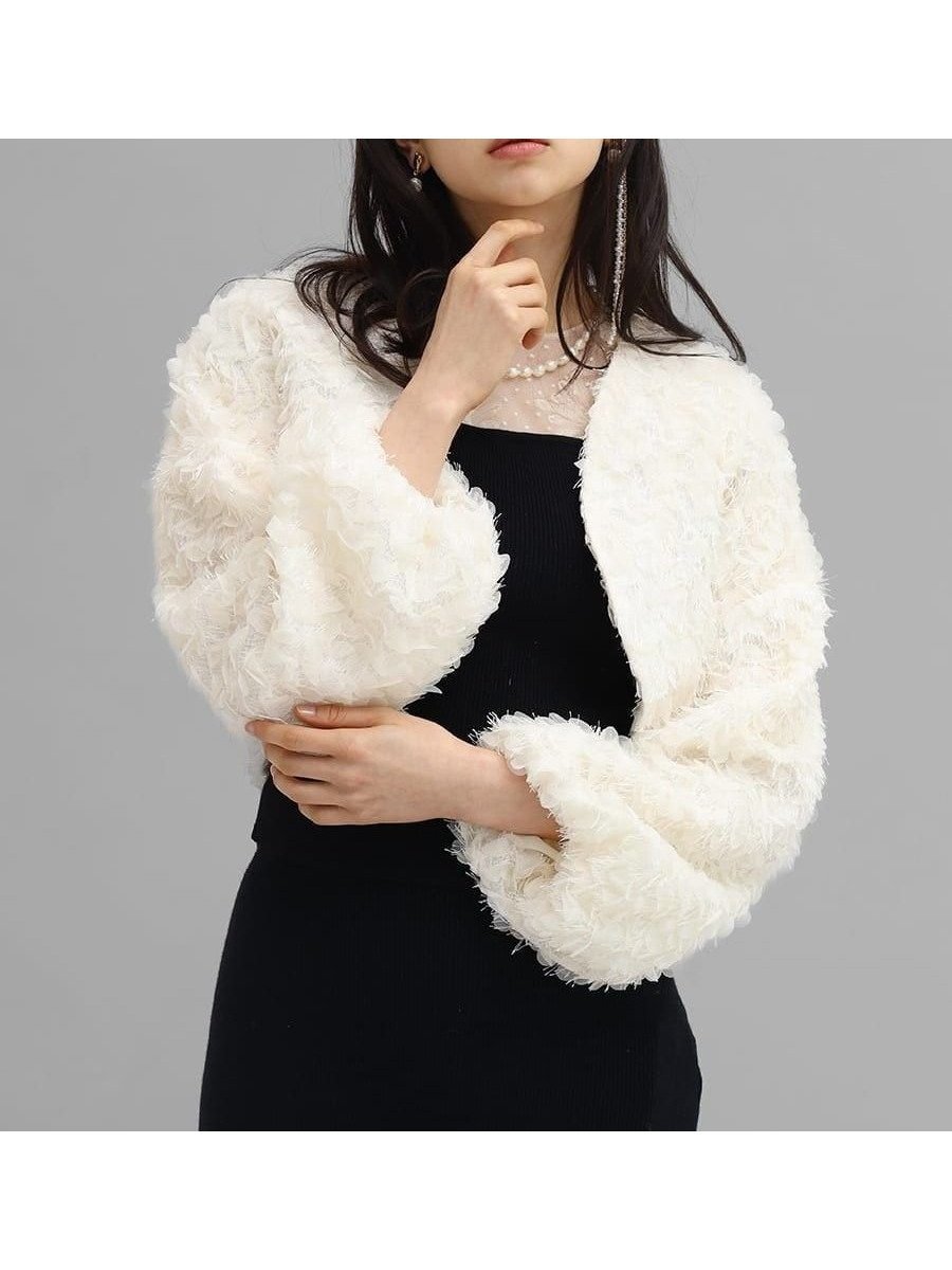 【ラシュッド/LASUD】のフェザーチュールボレロ インテリア・キッズ・メンズ・レディースファッション・服の通販 founy(ファニー) 　ファッション　Fashion　レディースファッション　WOMEN　アウター　Coat Outerwear　ボレロ　Bolero jackets　クロップド　Cropped　コンパクト　Compact　スリーブ　Sleeve　チュール　Tulle　バルーン　Balloon　ベーシック　Basic　オフホワイト|ID: prp329100004543844 ipo3291000000032109111
