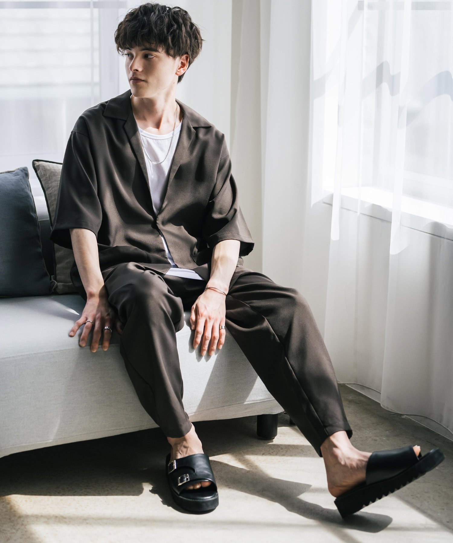 【ロッキーモンロー/Rocky Monroe / MEN】の3点セットアップ 5分袖シャツJKT ワイドパンツ 接触冷感タンクトップ インテリア・キッズ・メンズ・レディースファッション・服の通販 founy(ファニー) 　ファッション　Fashion　メンズファッション　Fashion for Men　ボトムス　Bottoms　インナー　Innerwear　ジャケット　Jacket, Outerwear　セットアップ　Set-Up, Coordinated Outfit　タンク　Tank Top, Sleeveless Top　ワイド　Wide, Wide Fit　ブラウン|ID: prp329100004543951 ipo3291000000032627634
