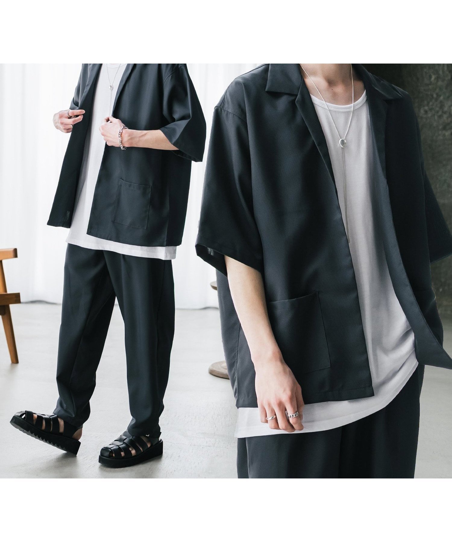【ロッキーモンロー/Rocky Monroe / MEN】の3点セットアップ 5分袖シャツJKT ワイドパンツ 接触冷感タンクトップ インテリア・キッズ・メンズ・レディースファッション・服の通販 founy(ファニー) 　ファッション　Fashion　メンズファッション　Fashion for Men　ボトムス　Bottoms　インナー　Innerwear　ジャケット　Jacket, Outerwear　セットアップ　Set-Up, Coordinated Outfit　タンク　Tank Top, Sleeveless Top　ワイド　Wide, Wide Fit　チャコール|ID: prp329100004543951 ipo3291000000032627635