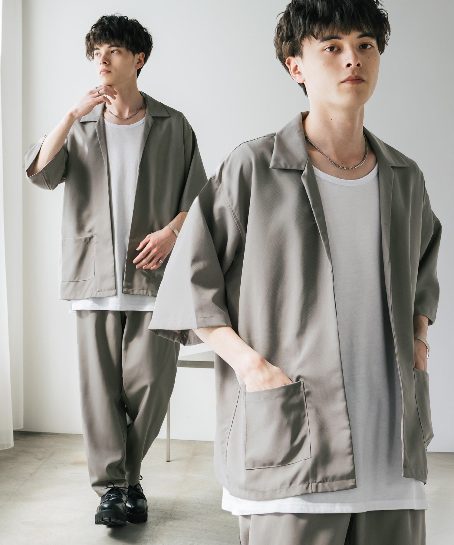 【ロッキーモンロー/Rocky Monroe / MEN】の3点セットアップ 5分袖シャツJKT ワイドパンツ 接触冷感タンクトップ インテリア・キッズ・メンズ・レディースファッション・服の通販 founy(ファニー) 　ファッション　Fashion　メンズファッション　Fashion for Men　ボトムス　Bottoms　インナー　Innerwear　ジャケット　Jacket, Outerwear　セットアップ　Set-Up, Coordinated Outfit　タンク　Tank Top, Sleeveless Top　ワイド　Wide, Wide Fit　グレージュ|ID: prp329100004543951 ipo3291000000032627636