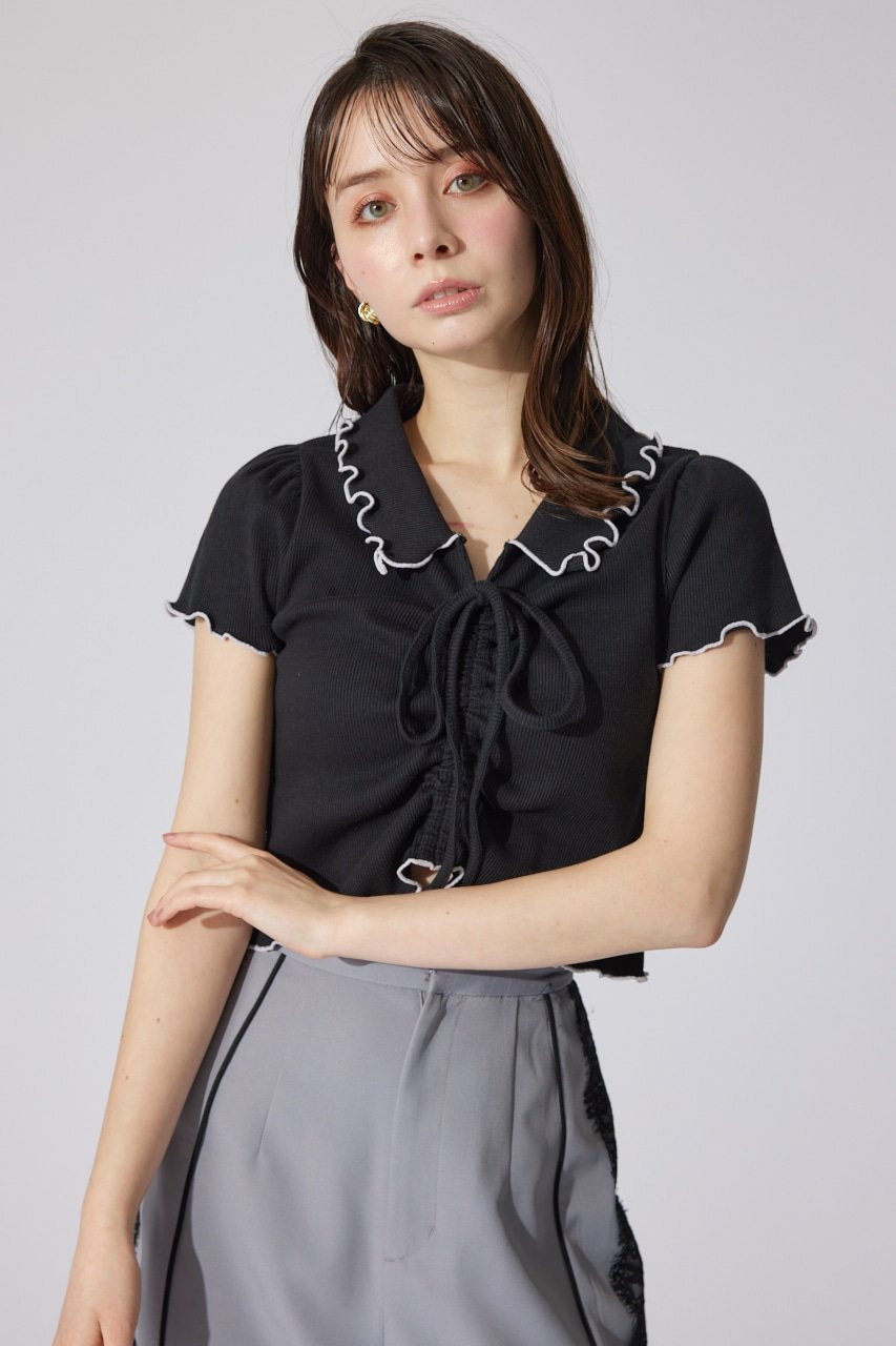 【リエンダ/rienda】のドロストカットトップス インテリア・キッズ・メンズ・レディースファッション・服の通販 founy(ファニー) 　ファッション　Fashion　レディースファッション　WOMEN　トップス・カットソー　Tops/Tshirt　クール　Cool　ショート　Short　トレンド　Trend　バランス　Balance　フロント　Front　ボトム　Bottom　リボン　Ribbon　再入荷　Restock/Back In Stock/Re Arrival　夏　Summer　BLK|ID: prp329100004544307 ipo3291000000032111683
