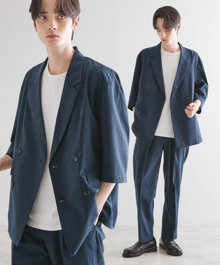 【ティーケー/tk TAKEO KIKUCHI / MEN】の【セットアップ 2点セット】ダブルテーラード半袖ジャケット+スラックス インテリア・キッズ・メンズ・レディースファッション・服の通販 founy(ファニー) 　ファッション　Fashion　メンズファッション　MEN　セットアップ　Setup/Men　ジャケット　Jacket　スラックス　Slacks　セットアップ　Set Up　ダブル　Double　トレンド　Trend　バランス　Balance　ポケット　Pocket　半袖　Short Sleeve　ネイビー|ID: prp329100004544379 ipo3291000000032112071