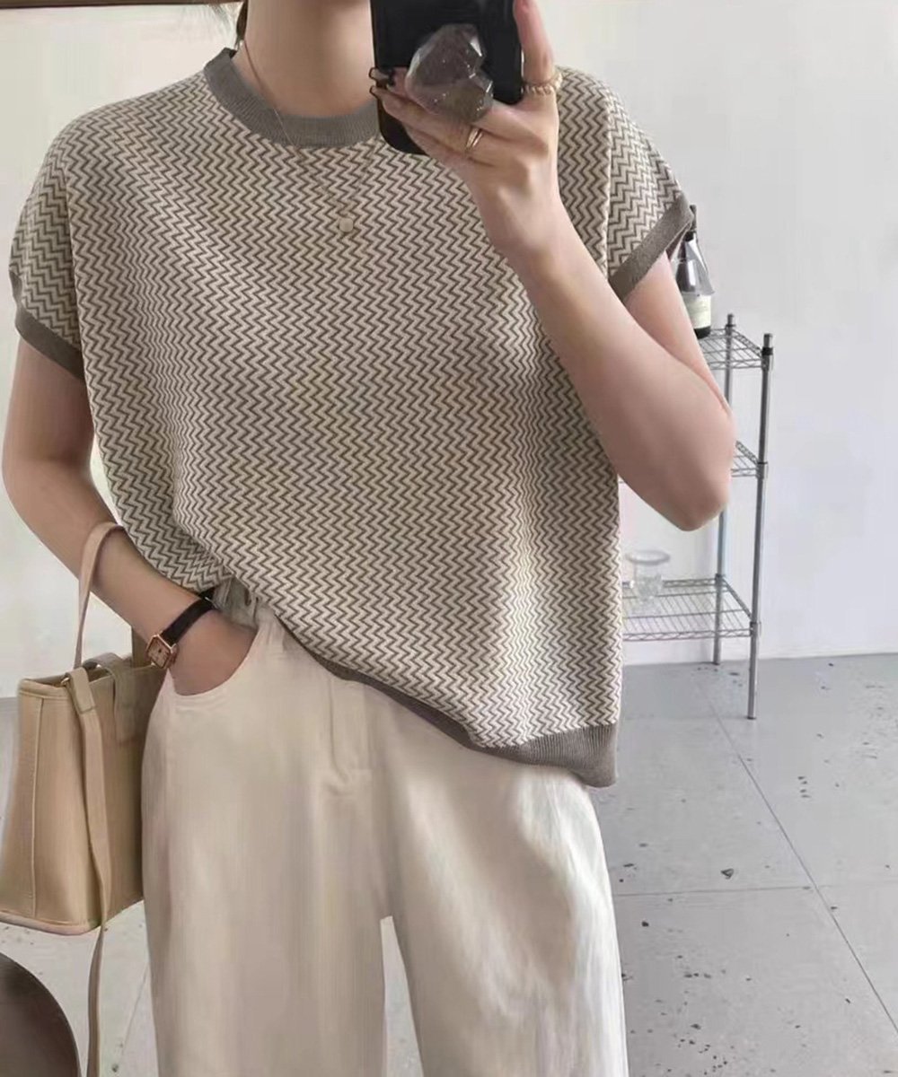 【ミニミニストア/miniministore】のフレンチスリーブサマーニット レディース インテリア・キッズ・メンズ・レディースファッション・服の通販 founy(ファニー) 　ファッション　Fashion　レディースファッション　Fashion for Women　トップス・カットソー　Cut & Sew Tops　ニット　Knit Tops & Sweaters　春　Spring　シンプル　Simple, Minimal　ストライプ　Stripe, Striped Pattern　スリーブ　Sleeve, Long Sleeve / Short Sleeve　ニットソー　Knit-Sewn, Cut & Sew Knit　フレンチ　French, French Style　半袖　Short Sleeve, Half Sleeve　S/S・春夏　SS, Spring/Summer, Warm Season　夏　Summer　エレガント 上品　Elegant　グレイッシュベージュ|ID: prp329100004544437 ipo3291000000032715028