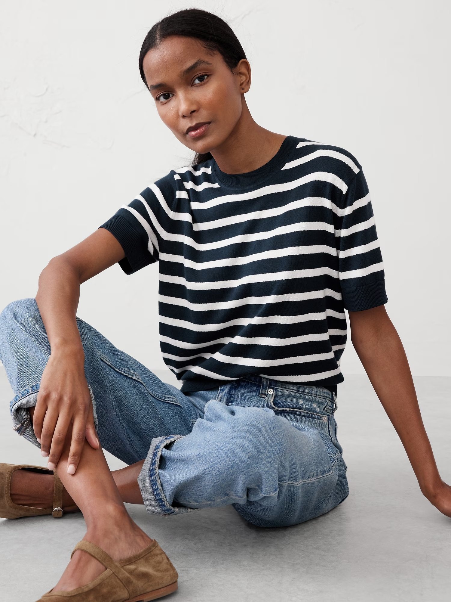 【バナナリパブリック ファクトリーストア/BANANA REPUBLIC FACTORY STORE】のBANANA REPUBLIC FACTORY STORE ショートスリーブ セーター インテリア・キッズ・メンズ・レディースファッション・服の通販 founy(ファニー) 　ファッション　Fashion　レディースファッション　Ladies' Fashion Online　ショート　Short　スリーブ　Sleeve　セーター　Sweater　ミックス　Mix　NAVY_STRIPE|ID: prp329100004544522 ipo3291000000032660970