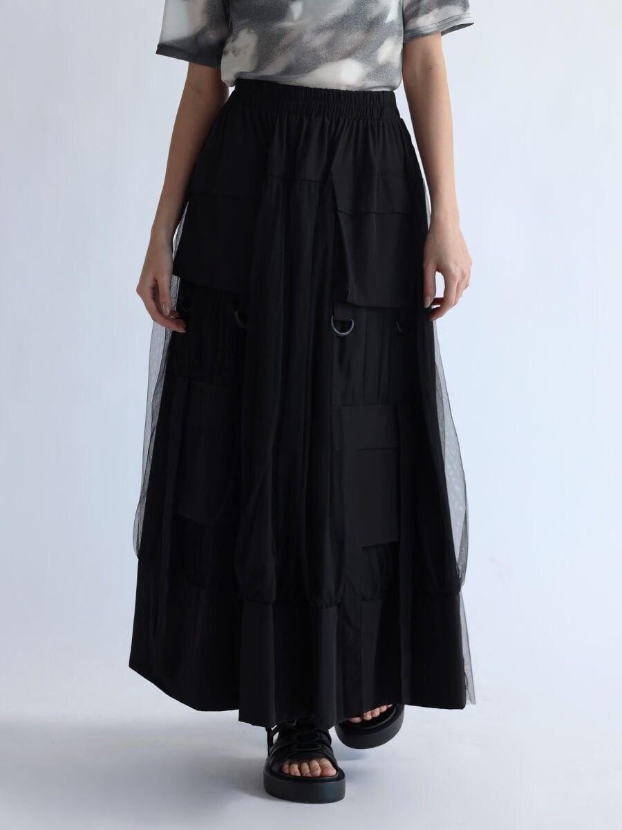 【ラシュッド/LASUD】のポケットデザインチュールスカート インテリア・キッズ・メンズ・レディースファッション・服の通販 founy(ファニー) 　ファッション　Fashion　レディースファッション　Fashion for Women　スカート　Skirts　カットソー　Cut and Sewn Top　シンプル　Simple, Minimal　チュール　Tulip, Tulip Motif　ポケット　Pocket, Pocket Detail　ミリタリー　Military, Army Style　ブラック|ID: prp329100004544961 ipo3291000000032713598