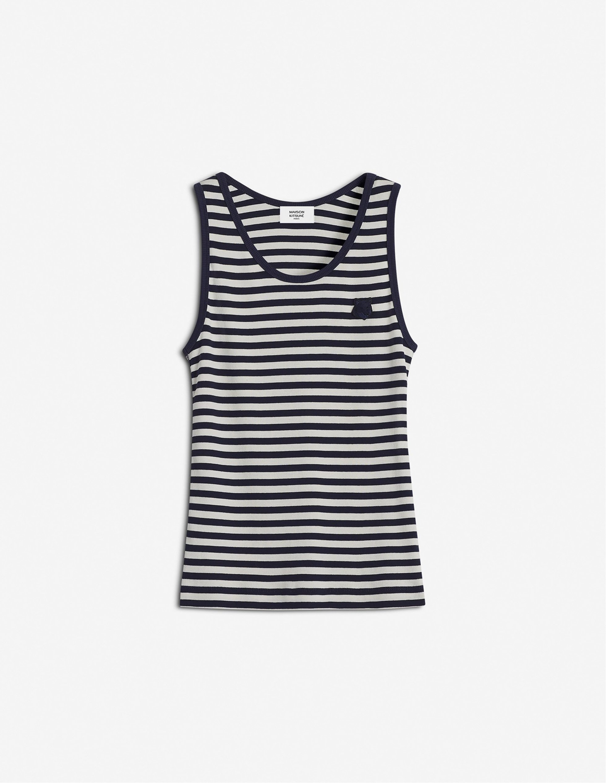 【メゾン キツネ/MAISON KITSUNE】のMAISON KITSUNE/BOLD FOX HEAD PATCH MULTI STRIPES RIBBED TANK TOP インテリア・キッズ・メンズ・レディースファッション・服の通販 founy(ファニー) 　ファッション　Fashion　レディースファッション　Ladies' Fashion Online　ワンピース　Dress　タンク　Tank　パッチ　Patch　フィット　Fit　夏　Summer　S/S・春夏　Ss・Spring/Summer　NAVY/MILK|ID: prp329100004545175 ipo3291000000032676895