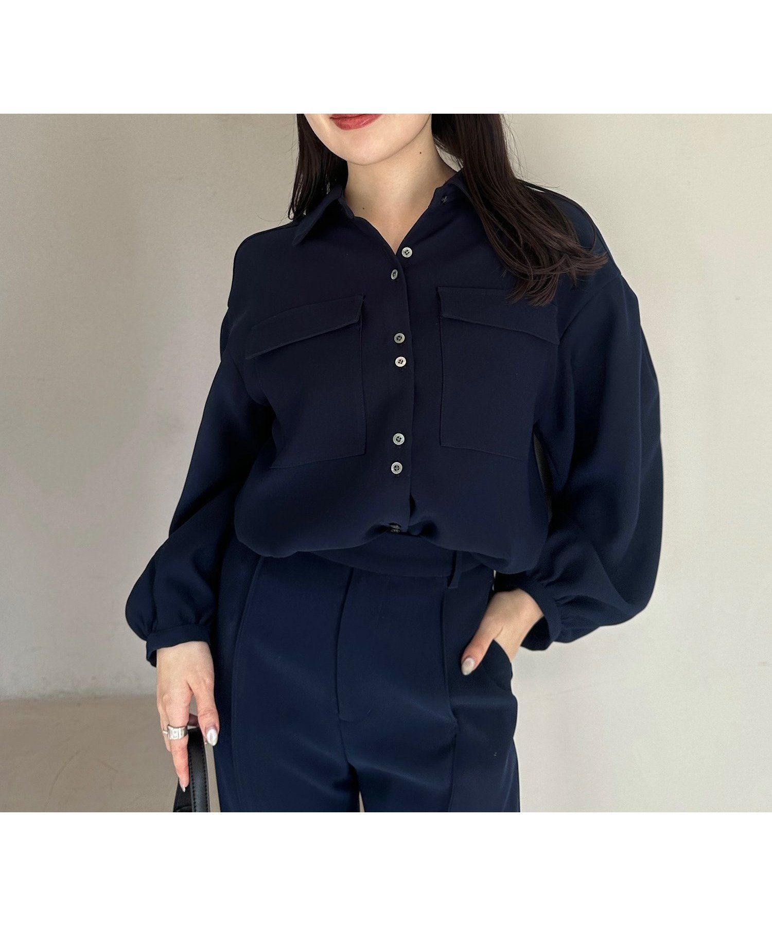 【アニュアンス/anuans】のダブルサテンボリュームスリーブブラウス インテリア・キッズ・メンズ・レディースファッション・服の通販 founy(ファニー) 　ファッション　Fashion　レディースファッション　Fashion for Women　トップス・カットソー　Cut & Sew Tops　シャツ・ブラウス・オフィスカジュアル　Elegant Blouses & Button-Ups　ボリューム袖・フリルスリーブブラウス　Voluminous & Ruffle Sleeves / Puffy Sleeve Tops　サテン　Satin, Glossy Fabric　シンプル　Simple, Minimal　スリーブ　Sleeve, Long Sleeve / Short Sleeve　ダブル　Double, Double-Breasted　ポケット　Pocket, Pocket Detail　定番　Standard, Basic Item　NAVY|ID: prp329100004545353 ipo3291000000033104551