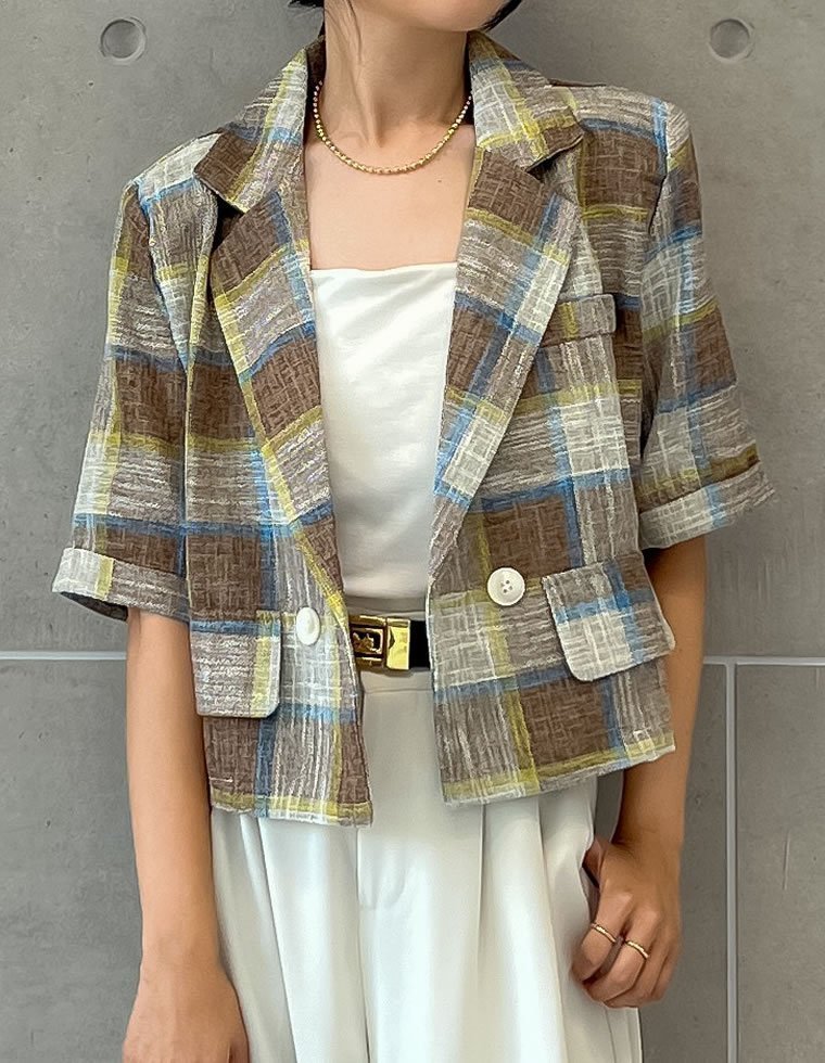 【リエディ/Re:EDIT】のチェック柄半袖ジャケット インテリア・キッズ・メンズ・レディースファッション・服の通販 founy(ファニー) 　ファッション　Fashion　レディースファッション　Fashion for Women　アウター　Coat / Outerwear Collection　レディースジャケット・軽アウター　Jackets　クラシカル　Classical, Vintage-Inspired　ジャケット　Jacket, Outerwear　スクエア　Square, Square Shape　スタイリッシュ　Stylish, Fashionable　スリーブ　Sleeve, Long Sleeve / Short Sleeve　チェック　Check, Plaid, Tartan　トレンド　Trend, Trending Now　ハーフ　Half, Half-Length　バランス　Balance, Style Balance　パターン　Pattern, Design Print　半袖　Short Sleeve, Half Sleeve　ベージュ|ID: prp329100004545633 ipo3291000000032735178