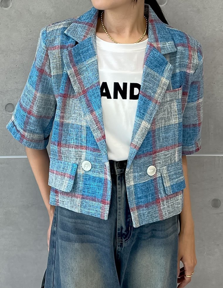 【リエディ/Re:EDIT】のチェック柄半袖ジャケット インテリア・キッズ・メンズ・レディースファッション・服の通販 founy(ファニー) 　ファッション　Fashion　レディースファッション　Fashion for Women　アウター　Coat / Outerwear Collection　レディースジャケット・軽アウター　Jackets　クラシカル　Classical, Vintage-Inspired　ジャケット　Jacket, Outerwear　スクエア　Square, Square Shape　スタイリッシュ　Stylish, Fashionable　スリーブ　Sleeve, Long Sleeve / Short Sleeve　チェック　Check, Plaid, Tartan　トレンド　Trend, Trending Now　ハーフ　Half, Half-Length　バランス　Balance, Style Balance　パターン　Pattern, Design Print　半袖　Short Sleeve, Half Sleeve　ブルー|ID: prp329100004545633 ipo3291000000032735180