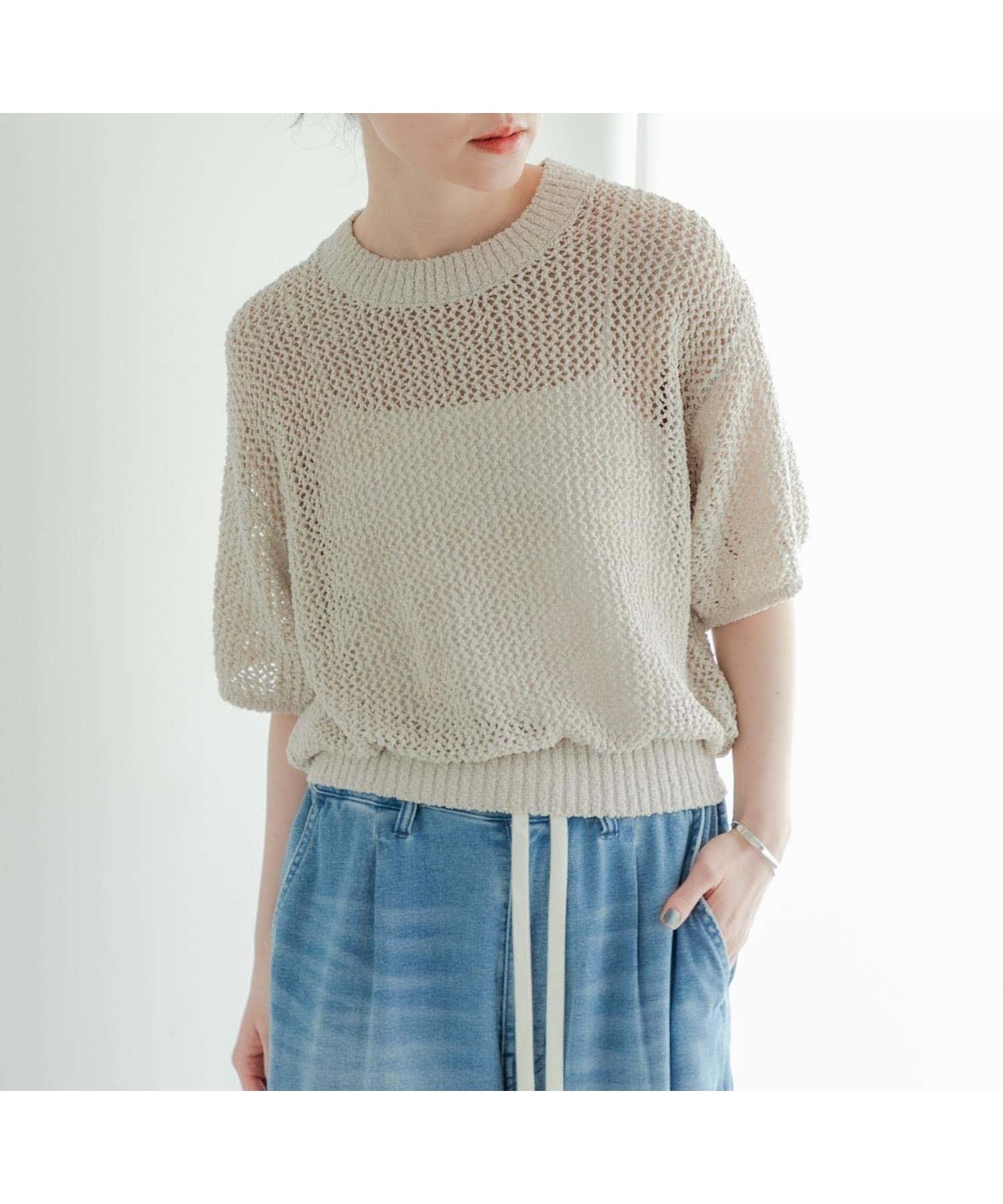 【アーバンリサーチ/URBAN RESEARCH】の透かし柄ハーフスリーブニット インテリア・キッズ・メンズ・レディースファッション・服の通販 founy(ファニー) 　ファッション　Fashion　レディースファッション　Ladies' Fashion Online　トップス・カットソー　Tops/Tshirt　ニット　Knit Tops　2025年　2025　2025春夏・S/S　Ss,Spring/Summer,2025　おすすめ　Recommend　サンダル　Sandals　バングル　Bangle　ベーシック　Basic　ボトム　Bottom　リラックス　Relax　人気　Popularity　夏　Summer　S/S・春夏　Ss・Spring/Summer　透かし　Watermark　IVORY|ID: prp329100004545672 ipo3291000000032645101