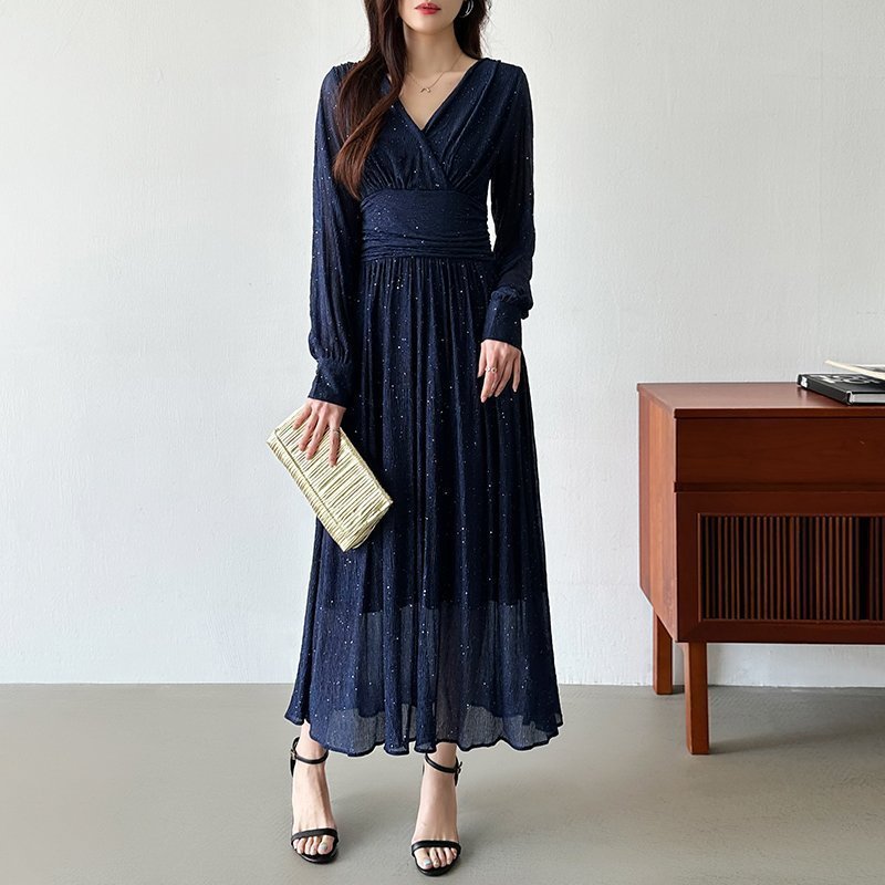 【ココモモ/COCOMOMO】のパーティードレス カシュクールワンピース 長袖ノースリーブ選べるタイプ インテリア・キッズ・メンズ・レディースファッション・服の通販 founy(ファニー) 　ファッション　Fashion　レディースファッション　Fashion for Women　ワンピース　Dresses　フォーマル・パーティードレス・結婚式用ドレス　Elegant & Casual Dresses　エレガント 上品　Elegant　カシュクール　Wrap Design　スパンコール　Sequins, Sequin Embellishment　ドレス　Dress, One-Piece　ノースリーブ　Sleeveless, No-Sleeve　プリーツ　Pleats, Pleated　長袖　Long Sleeve, Full Sleeve　長袖・ネイビー|ID: prp329100004545943 ipo3291000000034660042