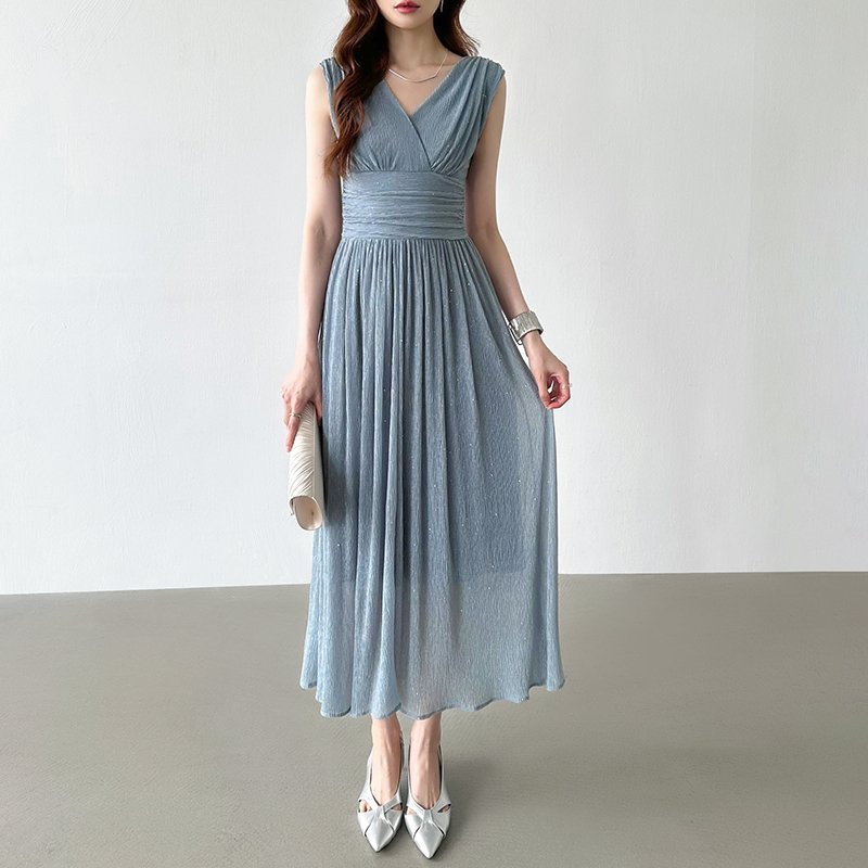 【ココモモ/COCOMOMO】のパーティードレス カシュクールワンピース 長袖ノースリーブ選べるタイプ インテリア・キッズ・メンズ・レディースファッション・服の通販 founy(ファニー) 　ファッション　Fashion　レディースファッション　Fashion for Women　ワンピース　Dresses　フォーマル・パーティードレス・結婚式用ドレス　Elegant & Casual Dresses　エレガント 上品　Elegant　カシュクール　Wrap Design　スパンコール　Sequins, Sequin Embellishment　ドレス　Dress, One-Piece　ノースリーブ　Sleeveless, No-Sleeve　プリーツ　Pleats, Pleated　長袖　Long Sleeve, Full Sleeve　袖なし・グレイ・ブルー|ID: prp329100004545943 ipo3291000000034660048