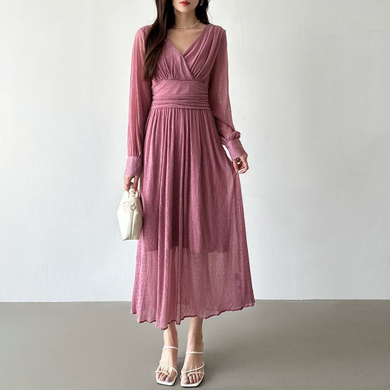 【ココモモ/COCOMOMO】のパーティードレス カシュクールワンピース 長袖ノースリーブ選べるタイプ インテリア・キッズ・メンズ・レディースファッション・服の通販 founy(ファニー) 　ファッション　Fashion　レディースファッション　Fashion for Women　ワンピース　Dresses　フォーマル・パーティードレス・結婚式用ドレス　Elegant & Casual Dresses　エレガント 上品　Elegant　カシュクール　Wrap Design　スパンコール　Sequins, Sequin Embellishment　ドレス　Dress, One-Piece　ノースリーブ　Sleeveless, No-Sleeve　プリーツ　Pleats, Pleated　長袖　Long Sleeve, Full Sleeve　長袖・ピンク|ID: prp329100004545943 ipo3291000000034660049