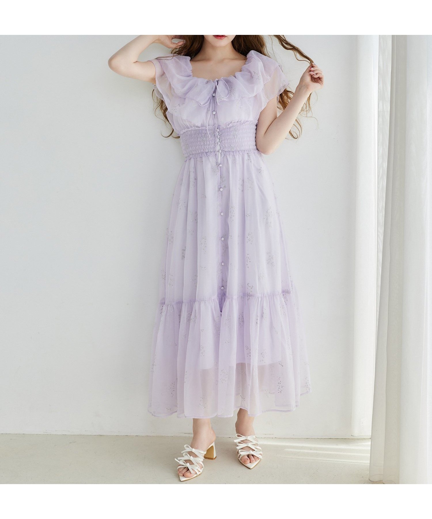 【ナイスクラップ/NICE CLAUP】の【moon light marine collection】刺繍シアーワンピース インテリア・キッズ・メンズ・レディースファッション・服の通販 founy(ファニー) 　ファッション　Fashion　レディースファッション　WOMEN　ワンピース　Dress　おすすめ　Recommend　インナー　Inner　オフショル　Off Shoulder　サンダル　Sandals　シアー　Sheer　シャーリング　Shirring　フィット　Fit　フェミニン　Feminine　ロング　Long　ラベンダー|ID: prp329100004546044 ipo3291000000032352667