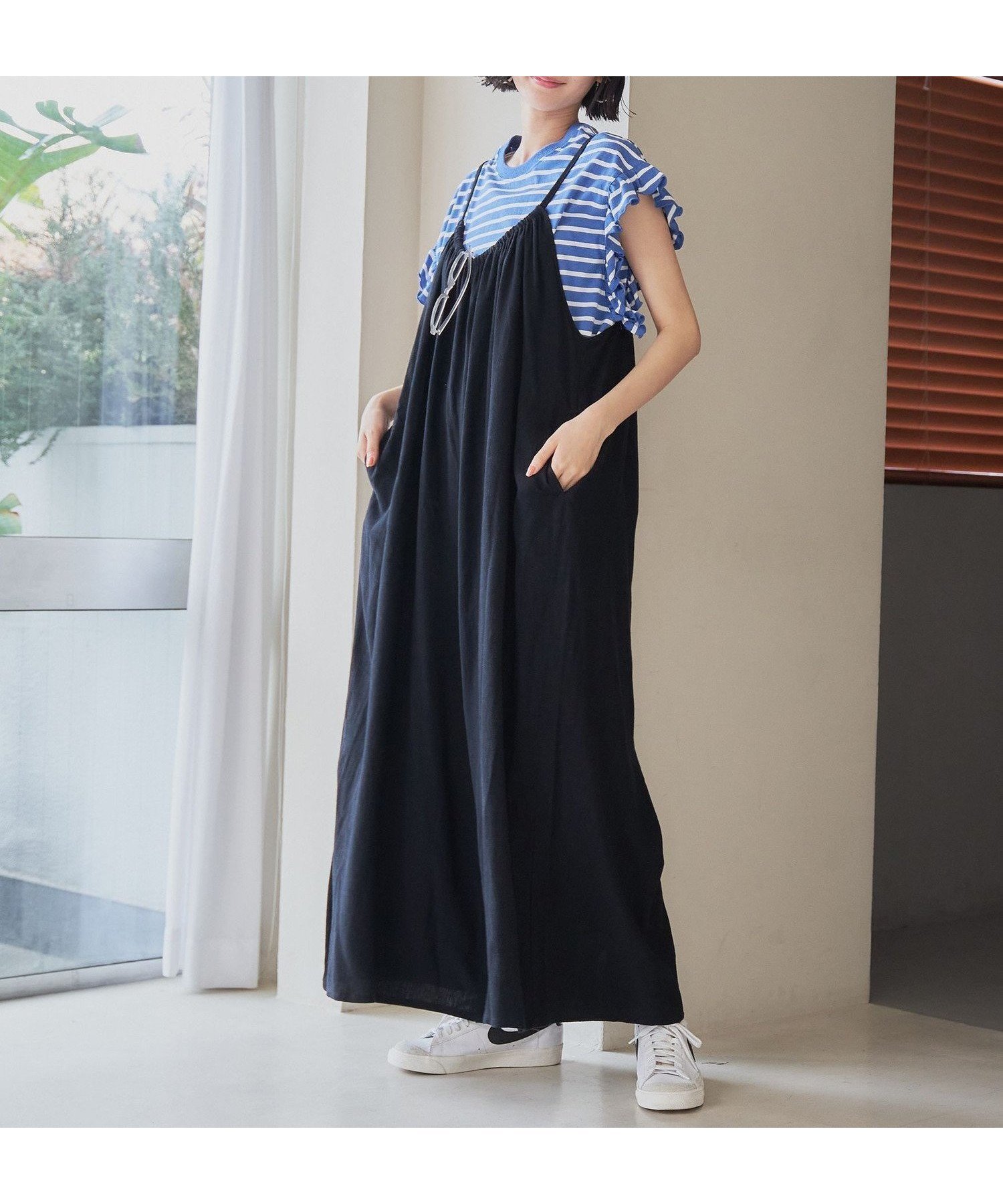 【コーエン/COEN】の涼感強撚サンドサロペットパンツ インテリア・キッズ・メンズ・レディースファッション・服の通販 founy(ファニー) 　ファッション　Fashion　レディースファッション　Ladies' Fashion Online　インナー　Inner　ギャザー　Gather　サロペット　Overalls　バランス　Balance　フィット　Fit　フェミニン　Feminine　ラップ　Wrap　リラックス　Relax　ロング　Long　ワイド　Wide　楽ちん　Easy　BLACK|ID: prp329100004546096 ipo3291000000032637710