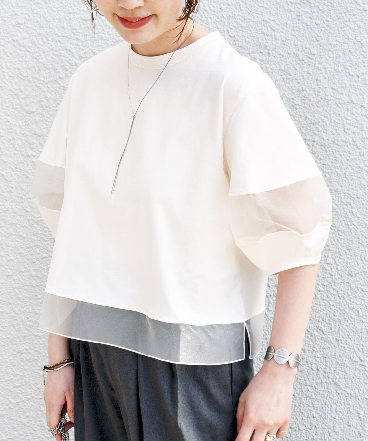 【シップス フォー ウィメン/SHIPS】の手洗い可能 シアー コンビ プルオーバー 人気、トレンドファッション・服の通販 founy(ファニー) 　ファッション　Fashion　レディースファッション　Fashion for Women　トップス・カットソー　Cut & Sew Tops　カジュアルプルオーバー・ニットトップス　Pullovers & Knit Tops / Casual Pullovers　オーガンジー　Organza Fabric　カットソー　Cut and Sewn Top　カーゴパンツ　Cargo Pants, Utility Pants　コンビ　Combo, Combination Style　シアー　Sheer, See-Through　シルケット　Silket, Silky Cotton　スラックス　Slacks, Dress Pants　デニム　Denim, Jeans Material　ボトム　Bottoms, Lower Wear　エレガント 上品　Elegant　 other-1|ID: prp329100004546480 ipo3291000000033064969