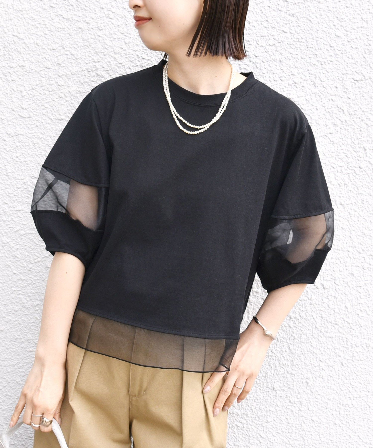 【シップス フォー ウィメン/SHIPS】の手洗い可能 シアー コンビ プルオーバー インテリア・キッズ・メンズ・レディースファッション・服の通販 founy(ファニー) 　ファッション　Fashion　レディースファッション　Fashion for Women　トップス・カットソー　Cut & Sew Tops　カジュアルプルオーバー・ニットトップス　Pullovers & Knit Tops / Casual Pullovers　オーガンジー　Organza Fabric　カットソー　Cut and Sewn Top　カーゴパンツ　Cargo Pants, Utility Pants　コンビ　Combo, Combination Style　シアー　Sheer, See-Through　シルケット　Silket, Silky Cotton　スラックス　Slacks, Dress Pants　デニム　Denim, Jeans Material　ボトム　Bottoms, Lower Wear　エレガント 上品　Elegant　ブラック|ID: prp329100004546480 ipo3291000000033064976