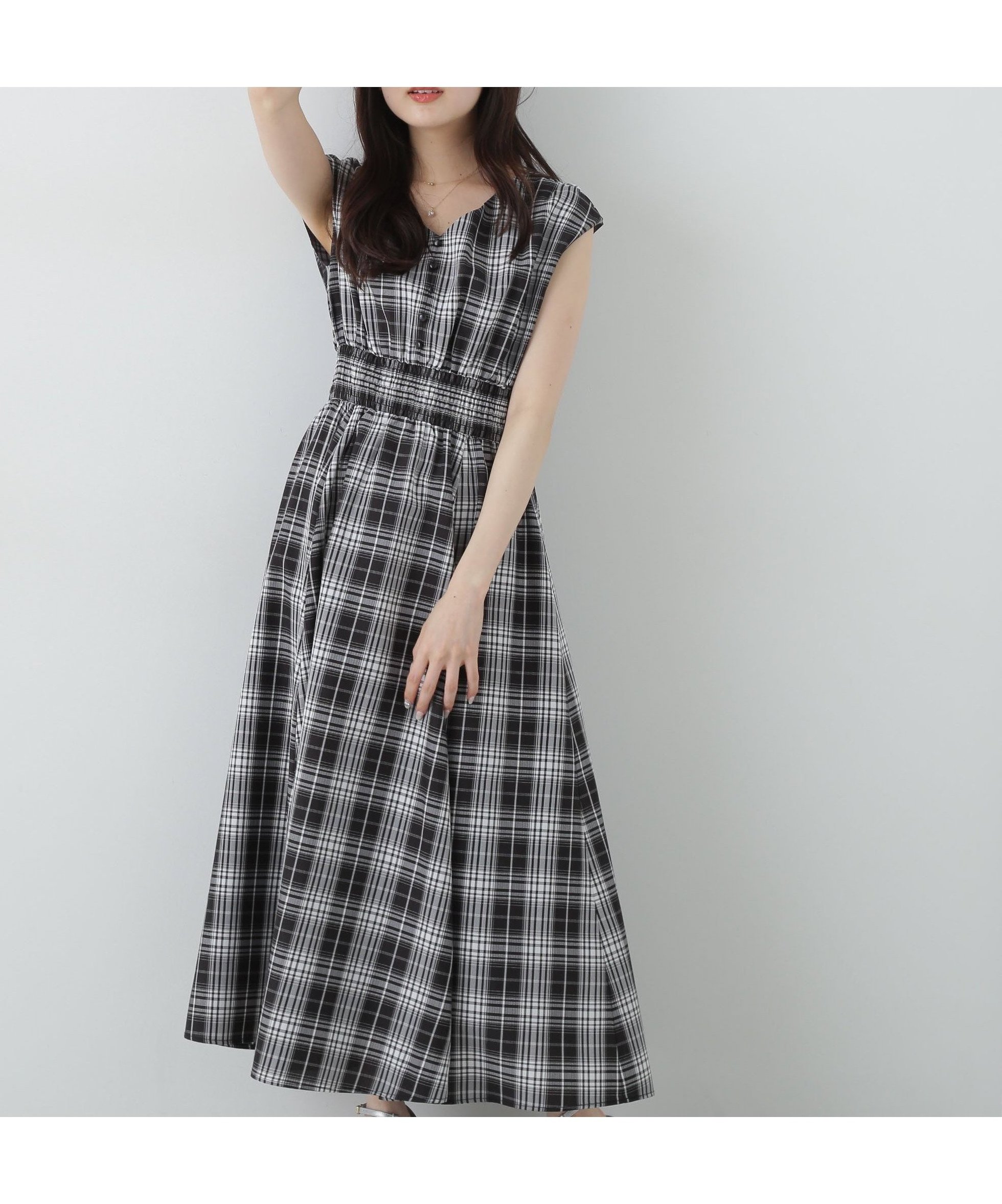 【プロポーション ボディドレッシング/PROPORTION BODY DRESSING】のウエストシャーリングVネックワンピース インテリア・キッズ・メンズ・レディースファッション・服の通販 founy(ファニー) 　ファッション　Fashion　レディースファッション　WOMEN　ワンピース　Dress　おすすめ　Recommend　カーディガン　Cardigan　シャーリング　Shirring　シンプル　Simple　チェック　Check　ブラックチェック1|ID: prp329100004546833 ipo3291000000032352480