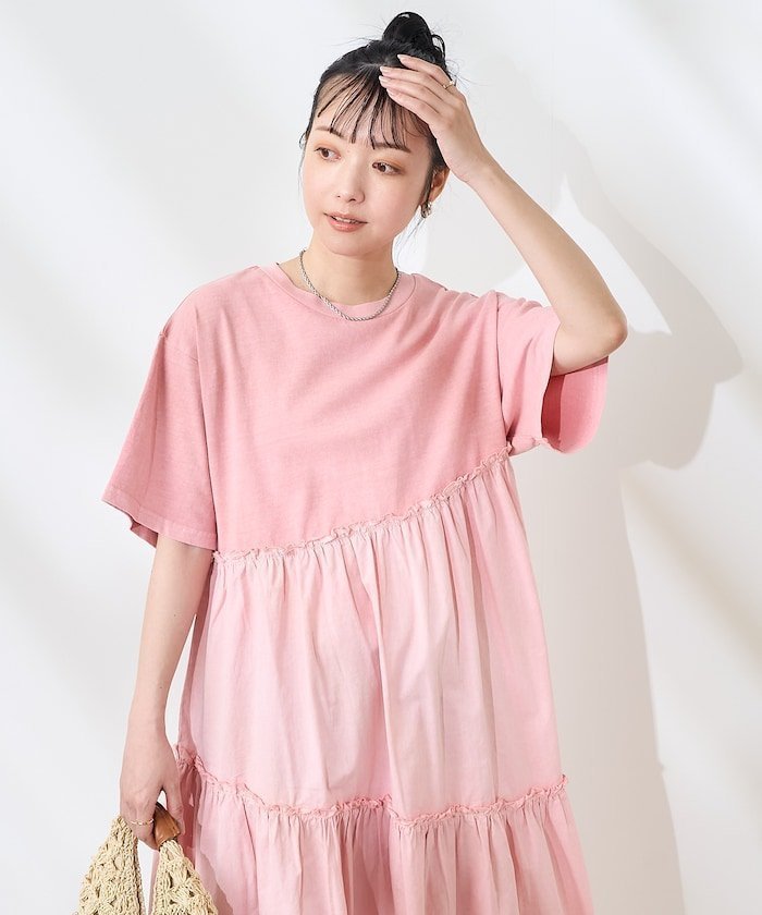 【フリークスストア/FREAK'S STORE】の裾フリル ピグメント半袖ワンピース/ドッキングワンピース/Tシャツワンピース/楽ちんワンピ 25SS インテリア・キッズ・メンズ・レディースファッション・服の通販 founy(ファニー) 　ファッション　Fashion　レディースファッション　Fashion for Women　ワンピース　Dresses　シャツワンピース / 1枚で着映えコーデ　Shirt Dresses　2025年　2025　2025春夏・S/S　Spring/Summer 2025 SS25　ドッキング　Docking, Mixed Material　フリル　Frill, Ruffle　切替　Switching, Contrast Panel　半袖　Short Sleeve, Half Sleeve　夏　Summer　S/S・春夏　SS, Spring/Summer, Warm Season　楽ちん　Easy Fit, Comfortable　ピンク|ID: prp329100004546863 ipo3291000000032624006