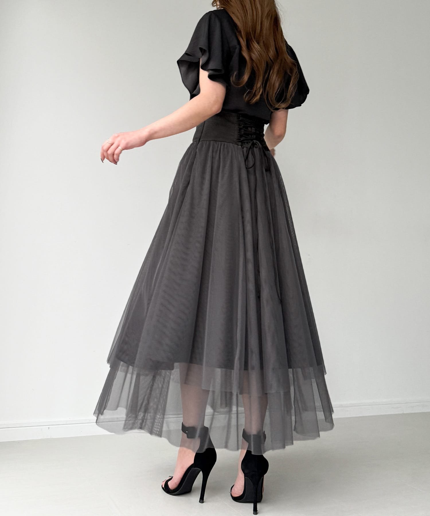 【ジュノア/JUNOAH】のバックレースアップチュールフレアスカート インテリア・キッズ・メンズ・レディースファッション・服の通販 founy(ファニー) 　ファッション　Fashion　レディースファッション　Fashion for Women　スカート　Skirts　Aライン・フレアスカート　A-Line & Flared Skirts　チュール　Tulip, Tulip Motif　チャコール|ID: prp329100004546932 ipo3291000000032760355