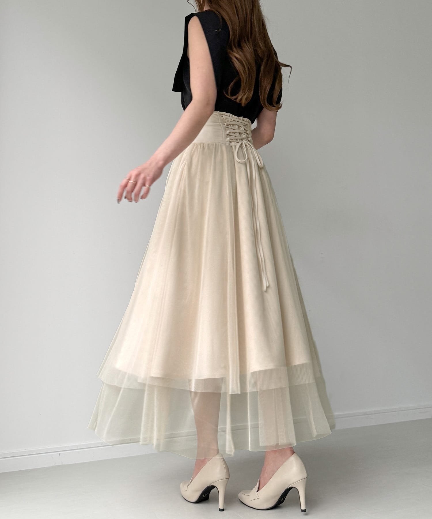 【ジュノア/JUNOAH】のバックレースアップチュールフレアスカート インテリア・キッズ・メンズ・レディースファッション・服の通販 founy(ファニー) 　ファッション　Fashion　レディースファッション　Fashion for Women　スカート　Skirts　Aライン・フレアスカート　A-Line & Flared Skirts　チュール　Tulip, Tulip Motif　アイボリー|ID: prp329100004546932 ipo3291000000032760358
