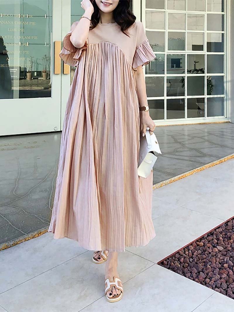 【ドゥーベル/Doux Belle】のロングワンピース 半袖 マキシワンピース インテリア・キッズ・メンズ・レディースファッション・服の通販 founy(ファニー) 　ファッション　Fashion　レディースファッション　Fashion for Women　ワンピース　Dresses　マキシ丈ワンピース・ロングドレス　Maxi Dresses / Long One-Pieces　スタイリッシュ　Stylish, Fashionable　スニーカー　Sneakers, Trainers　ネックレス　Necklace, Pendant Necklace　パーティ　Party, Party Style　フリル　Frill, Ruffle　フレア　Flare, Flared　マキシ　Maxi, Full Length　ロング　Long, Long-Length　二次会　After Party　半袖　Short Sleeve, Half Sleeve　グレージュ|ID: prp329100004547132 ipo3291000000032751774