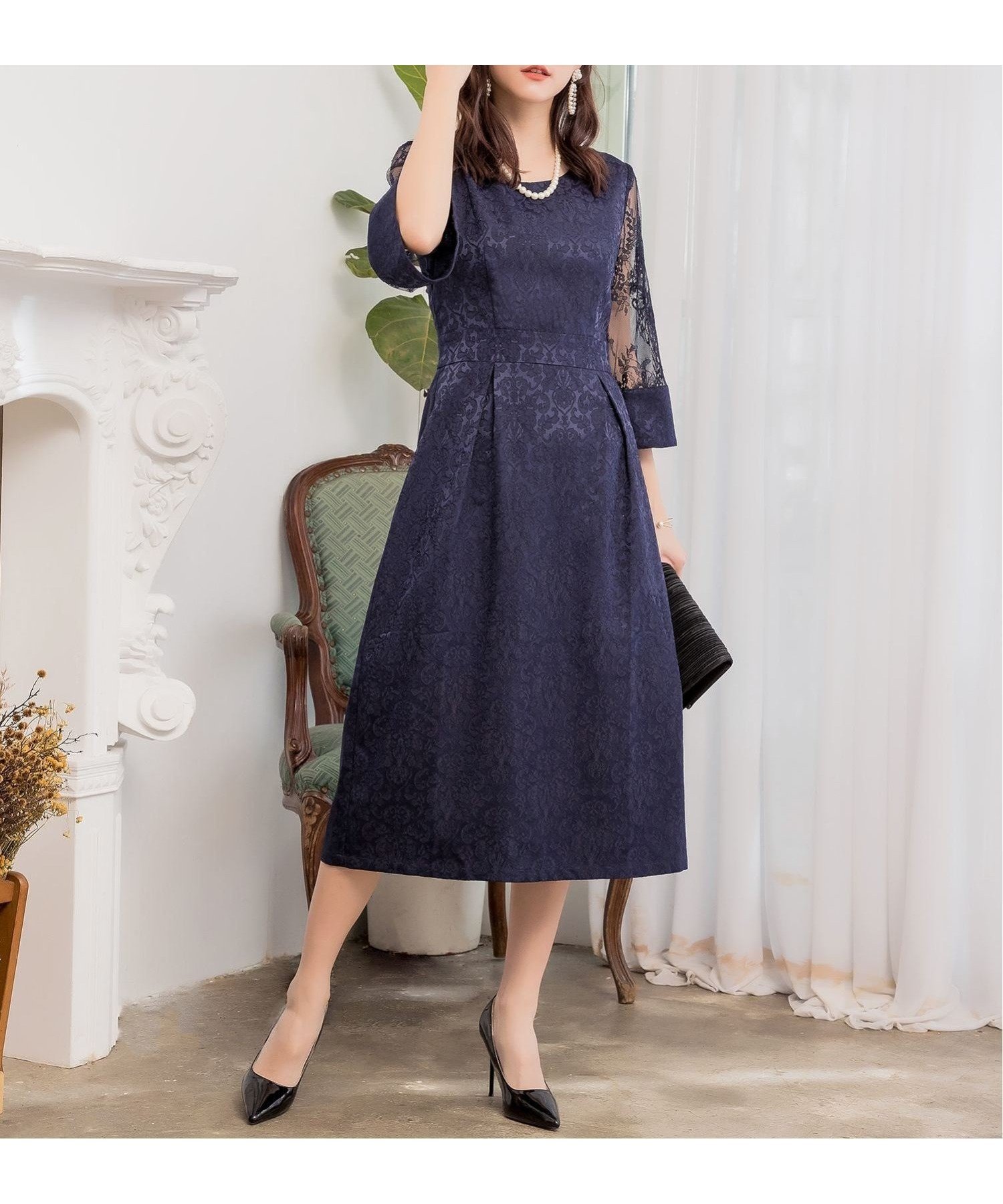 【ドレス/DRESS+】のダマスク柄ミモレ丈結婚式パーティードレス インテリア・キッズ・メンズ・レディースファッション・服の通販 founy(ファニー) 　ファッション　Fashion　レディースファッション　Fashion for Women　ワンピース　Dresses　フォーマル・パーティードレス・結婚式用ドレス　Elegant & Casual Dresses　ドレス　Dress, One-Piece　レース　Lace, Lace Fabric　ロング　Long, Long-Length　エレガント 上品　Elegant　結婚式　Wedding　ネイビー|ID: prp329100004547151 ipo3291000000032714290