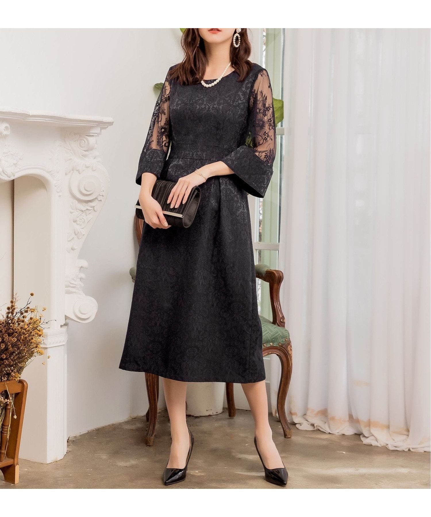 【ドレス/DRESS+】のダマスク柄ミモレ丈結婚式パーティードレス インテリア・キッズ・メンズ・レディースファッション・服の通販 founy(ファニー) 　ファッション　Fashion　レディースファッション　Fashion for Women　ワンピース　Dresses　フォーマル・パーティードレス・結婚式用ドレス　Elegant & Casual Dresses　ドレス　Dress, One-Piece　レース　Lace, Lace Fabric　ロング　Long, Long-Length　エレガント 上品　Elegant　結婚式　Wedding　ブラック|ID: prp329100004547151 ipo3291000000032714291