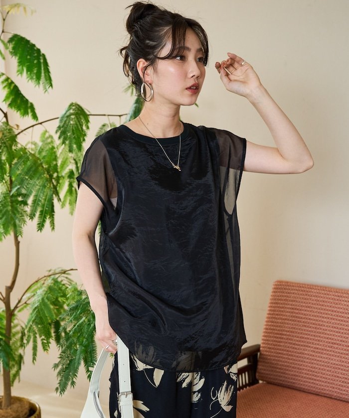 【フリークスストア/FREAK'S STORE】のオーガンジー × カットソー重ねフレンチスリーブプルオーバー【限定展開】 25SS インテリア・キッズ・メンズ・レディースファッション・服の通販 founy(ファニー) 　ファッション　Fashion　レディースファッション　Fashion for Women　トップス・カットソー　Cut & Sew Tops　カジュアルプルオーバー・ニットトップス　Pullovers & Knit Tops / Casual Pullovers　カットソー・ベーシックTシャツ　Cut-and-Sewn Tops / Stretch Tees & Basics　2025年　2025　2025春夏・S/S　Spring/Summer 2025 SS25　オーガンジー　Organza Fabric　カットソー　Cut and Sewn Top　シアー　Sheer, See-Through　スリーブ　Sleeve, Long Sleeve / Short Sleeve　タンク　Tank Top, Sleeveless Top　トレンド　Trend, Trending Now　ビッグ　Big, Oversized　フェミニン　Feminine, Girly　フレンチ　French, French Style　ベーシック　Basic, Essential　人気　Popular, Best Seller　夏　Summer　S/S・春夏　SS, Spring/Summer, Warm Season　ブラック|ID: prp329100004547161 ipo3291000000032680721