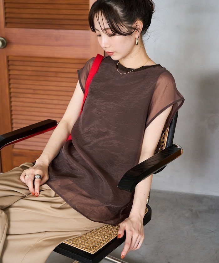 【フリークスストア/FREAK'S STORE】のオーガンジー × カットソー重ねフレンチスリーブプルオーバー【限定展開】 25SS インテリア・キッズ・メンズ・レディースファッション・服の通販 founy(ファニー) 　ファッション　Fashion　レディースファッション　Fashion for Women　トップス・カットソー　Cut & Sew Tops　カジュアルプルオーバー・ニットトップス　Pullovers & Knit Tops / Casual Pullovers　カットソー・ベーシックTシャツ　Cut-and-Sewn Tops / Stretch Tees & Basics　2025年　2025　2025春夏・S/S　Spring/Summer 2025 SS25　オーガンジー　Organza Fabric　カットソー　Cut and Sewn Top　シアー　Sheer, See-Through　スリーブ　Sleeve, Long Sleeve / Short Sleeve　タンク　Tank Top, Sleeveless Top　トレンド　Trend, Trending Now　ビッグ　Big, Oversized　フェミニン　Feminine, Girly　フレンチ　French, French Style　ベーシック　Basic, Essential　人気　Popular, Best Seller　夏　Summer　S/S・春夏　SS, Spring/Summer, Warm Season　ブラウン|ID: prp329100004547161 ipo3291000000032680723