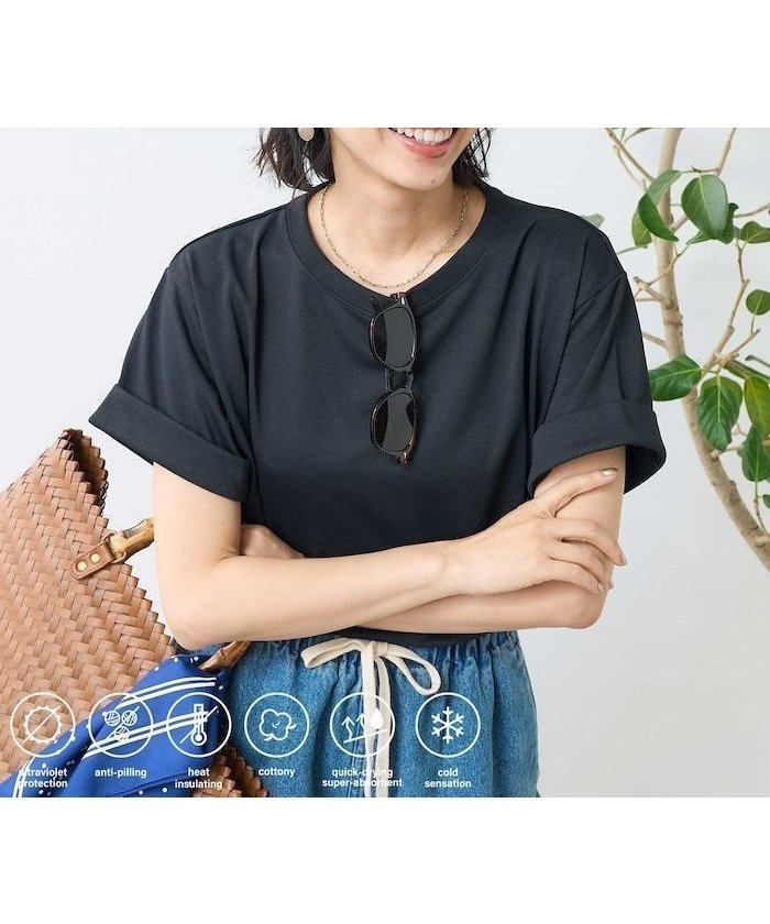 【フリークスストア/FREAK'S STORE】の【紫外線遮蔽率97.1%/UPF50】AIRDRY HIGHCOOL ロールアップTシャツ/接触冷感 速乾 UVカット 抗ピリング 25SS インテリア・キッズ・メンズ・レディースファッション・服の通販 founy(ファニー) 　ファッション　Fashion　レディースファッション　Fashion for Women　トップス・カットソー　Cut & Sew Tops　シャツ・ブラウス・オフィスカジュアル　Elegant Blouses & Button-Ups　ロングTシャツ・Tシャツ　Longline T-Shirts & Tees　2025年　2025　2025春夏・S/S　Spring/Summer 2025 SS25　シンプル　Simple, Minimal　ベーシック　Basic, Essential　ロールアップ　Roll-Up, Cuffed Hem　夏　Summer　S/S・春夏　SS, Spring/Summer, Warm Season　ブラック|ID: prp329100004547350 ipo3291000000033835582