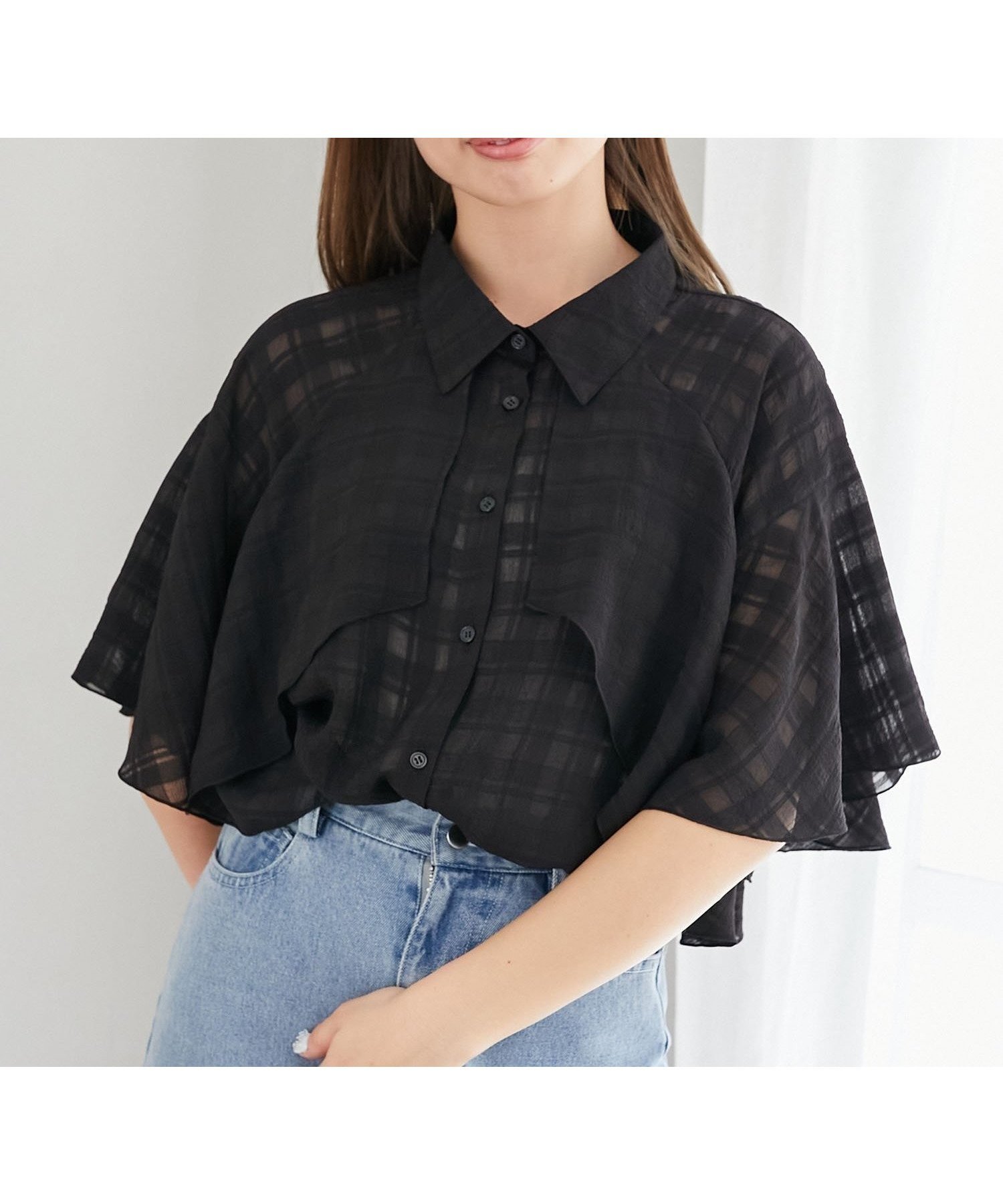 【マジェスティック レゴン/MAJESTIC LEGON】のシアーケープブラウス インテリア・キッズ・メンズ・レディースファッション・服の通販 founy(ファニー) 　ファッション　Fashion　レディースファッション　Ladies' Fashion Online　トップス・カットソー　Tops/Tshirt　シャツ/ブラウス　Shirts/Blouses　エレガント 上品　Elegant　スリーブ　Sleeve　ダウン　Down　トレンド　Trend　フレア　Flare　ミニスカート　Mini Skirt　ロング　Long　再入荷　Restock/Back In Stock/Re Arrival　おすすめ　Recommend　ブラック柄|ID: prp329100004547614 ipo3291000000032628197