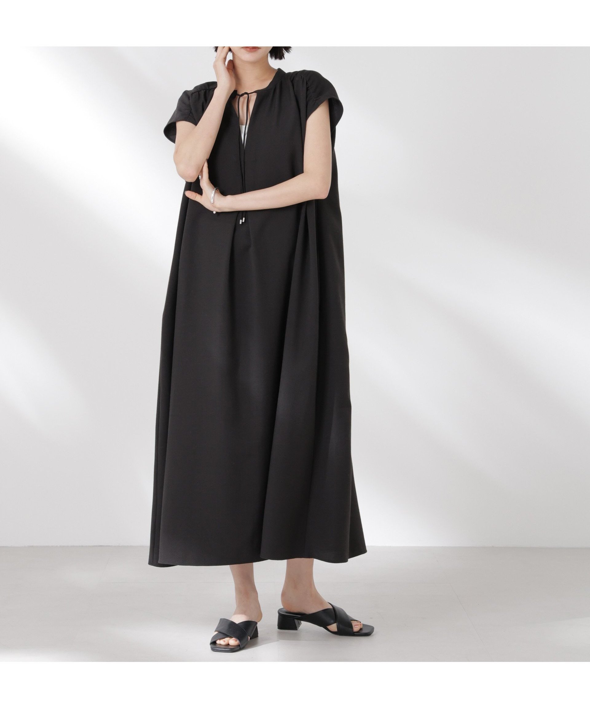 【ナノ ユニバース/nano universe】のギャザーショルダーフレアワンピース インテリア・キッズ・メンズ・レディースファッション・服の通販 founy(ファニー) 　ファッション　Fashion　レディースファッション　Fashion for Women　ワンピース　Dresses　ギャザー　Gathered, Ruffled　デニム　Denim, Jeans Material　フレア　Flare, Flared　ベーシック　Basic, Essential　マキシ　Maxi, Full Length　リネン　Linen, Linen Fabric　ワイド　Wide, Wide Fit　おすすめ　Recommended / Our Picks　夏　Summer　エレガント 上品　Elegant　2025年　2025　2025春夏・S/S　Spring/Summer 2025 SS25　ブラック|ID: prp329100004547954 ipo3291000000032750120