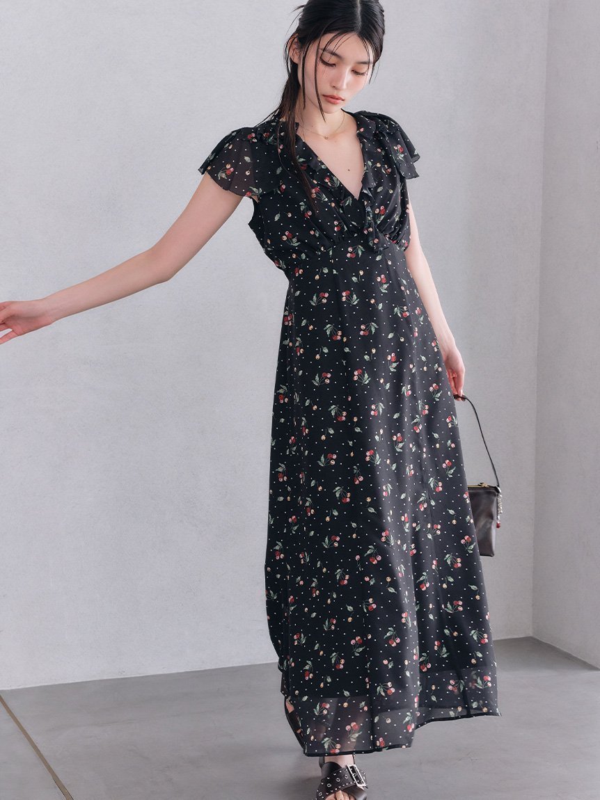 【リリーブラウン/Lily Brown】のヴィンテージプリントシフォンワンピース 人気、トレンドファッション・服の通販 founy(ファニー) 　ファッション　Fashion　レディースファッション　Ladies' Fashion Online　ワンピース　Dress　カシュクール　Cachecoeur　シフォン　Chiffon　シルク　Silk　チェリー　Cherry　フリル　Frills　エレガント 上品　Elegant　 other-1|ID: prp329100004548058 ipo3291000000032639463