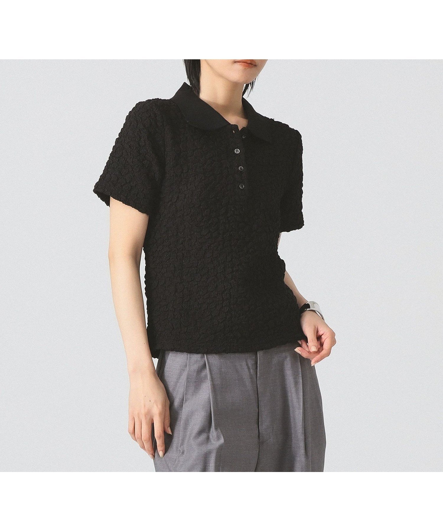 【ビームス ウイメン/BEAMS】の【待望の再入荷/ポロシャツ/襟付き/半袖】フクレジャカード ポロ 25AW インテリア・キッズ・メンズ・レディースファッション・服の通販 founy(ファニー) 　ファッション　Fashion　レディースファッション　Fashion for Women　トップス・カットソー　Cut & Sew Tops　シャツ・ブラウス・オフィスカジュアル　Elegant Blouses & Button-Ups　ポロシャツ・きれいめカジュアル　Smart-Casual Polo Tops　クラシカル　Classical, Vintage-Inspired　シンプル　Simple, Minimal　ジャカード／ジャガード　Jacquard, Woven Pattern　スマート　Smart, Elegant　スラックス　Slacks, Dress Pants　デコルテ　Décolleté, Neckline　デニム　Denim, Jeans Material　トレンド　Trend, Trending Now　フレア　Flare, Flared　ポロシャツ　Polo Shirt, Collared Tee　半袖　Short Sleeve, Half Sleeve　リラックス　Relax, Relaxed Fit　ワイド　Wide, Wide Fit　再入荷　Restock / Back in Stock　エレガント 上品　Elegant　2025年　2025　2025-2026秋冬・A/W　Autumn/Winter 2025–26 AW25–26　BLACK|ID: prp329100004548251 ipo3291000000033336908